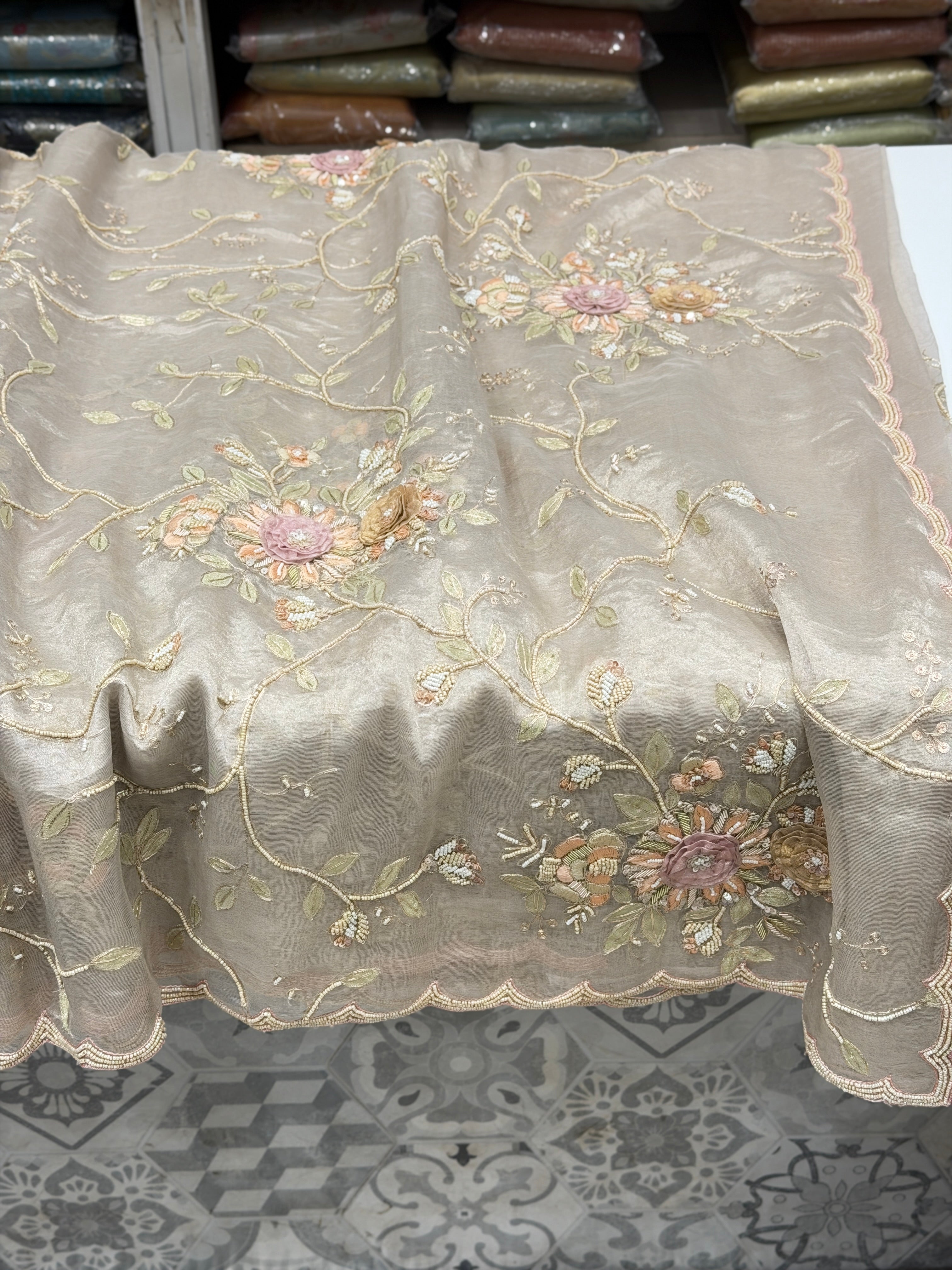 Silver Tissue Three D Zardosi Pita Hand Embroidery Moti Saree
