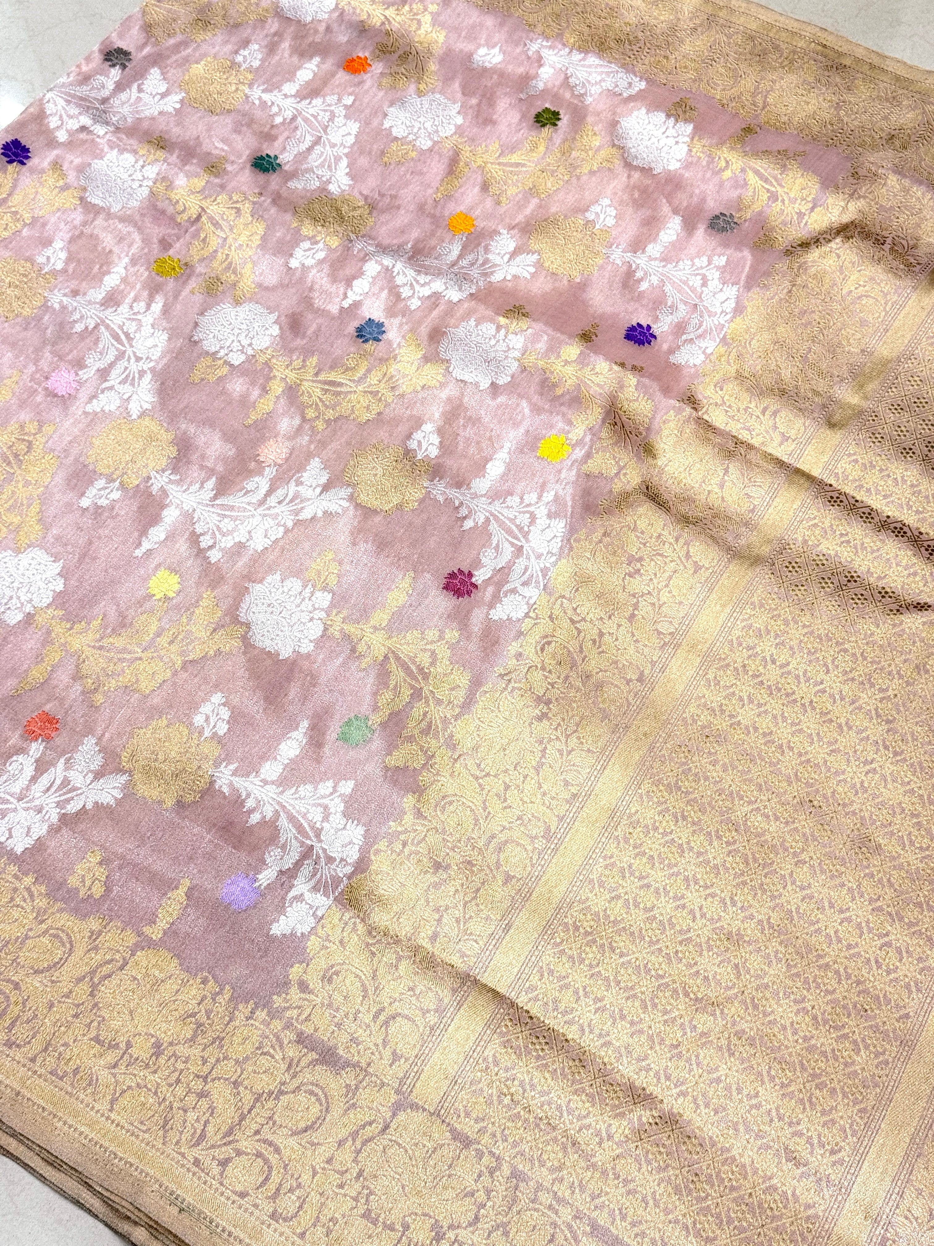 Pink Handloom Meenakari Banarasi Tissue Kadwa Weave Jaal Saree