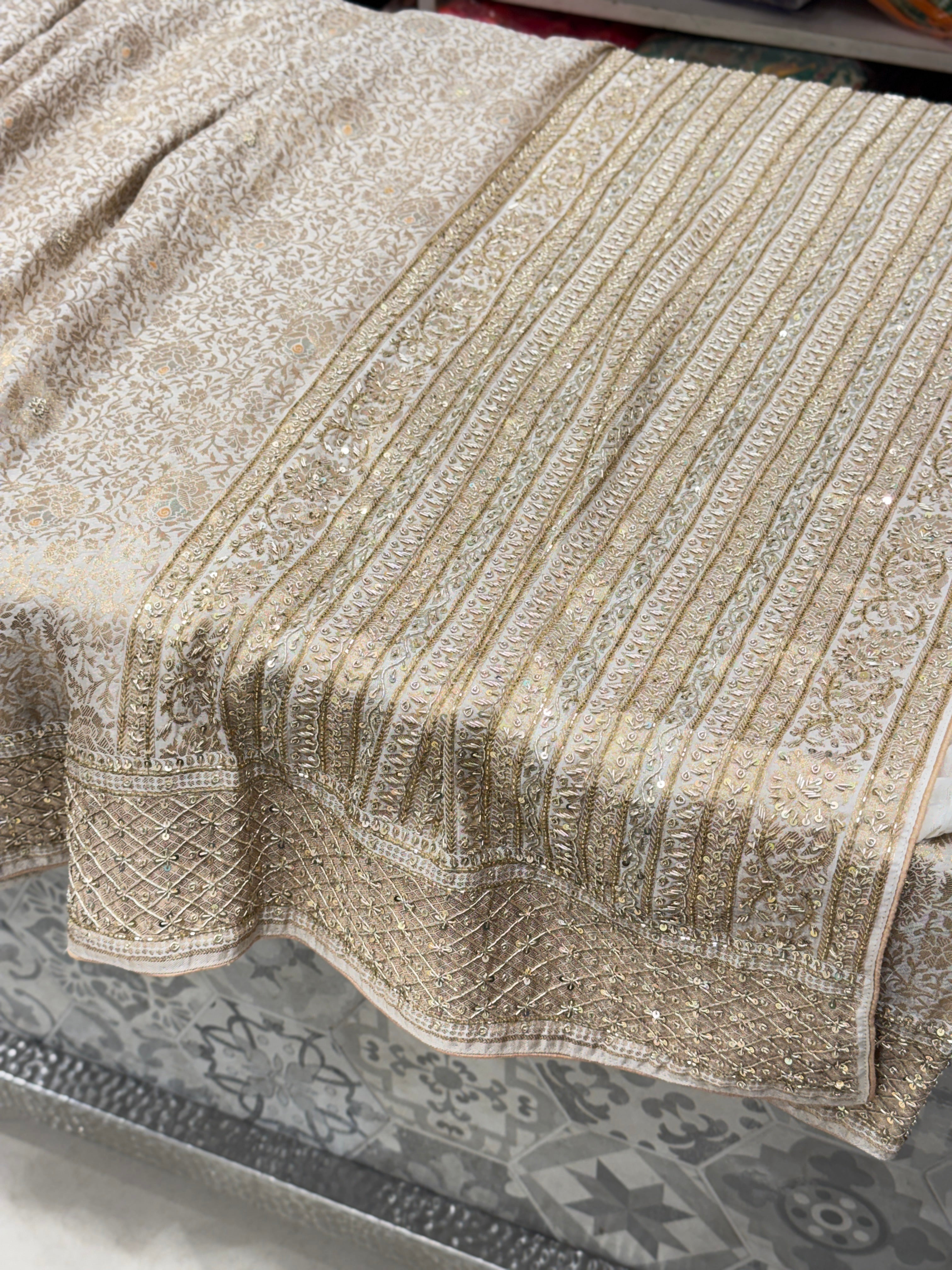 Beige Banarasi Crepe Tissue Zardosi Hand Embroidery Saree