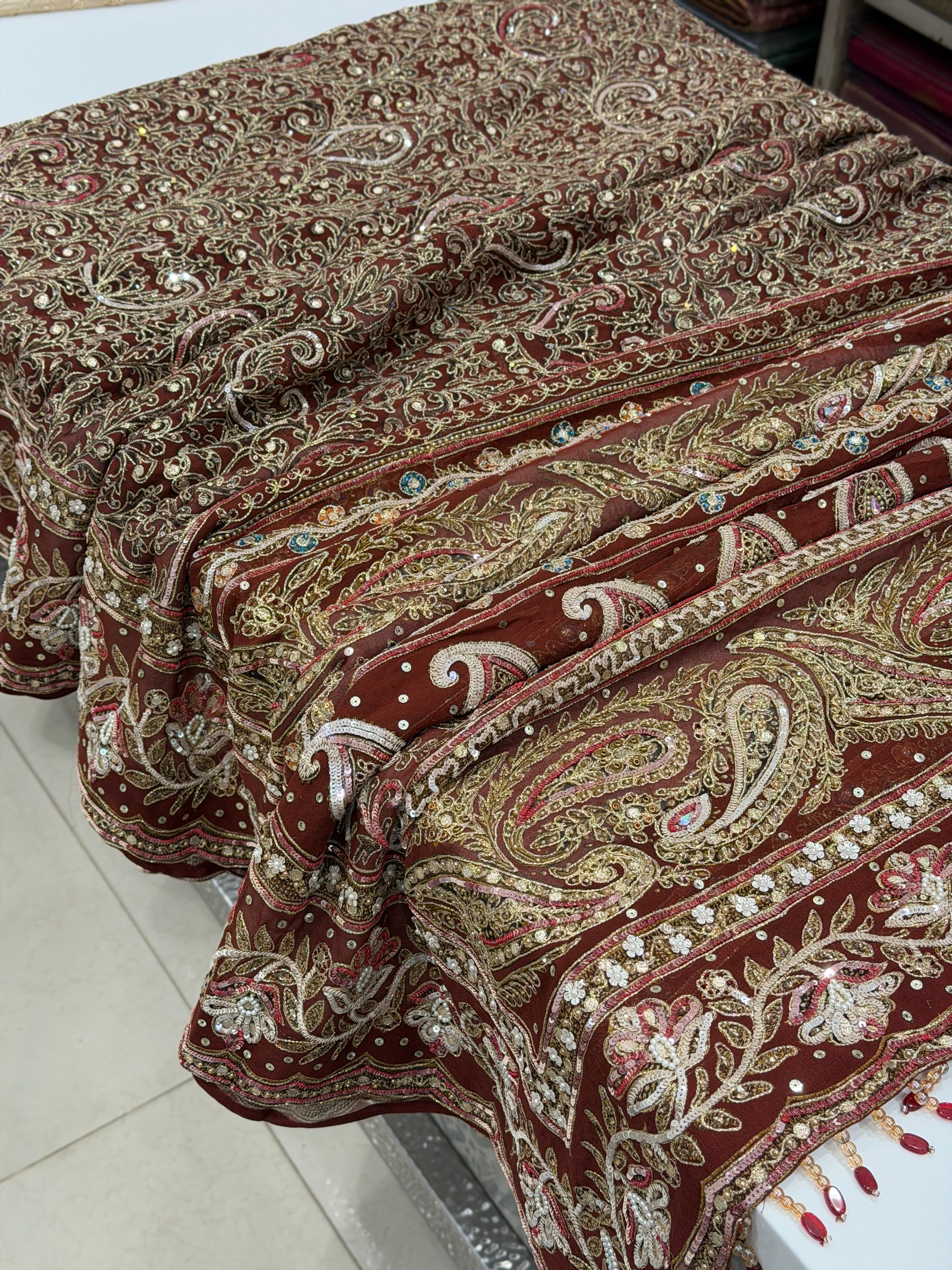 Maroon TT inspired Floral Banarasi Crepe Hand Embroidery Saree