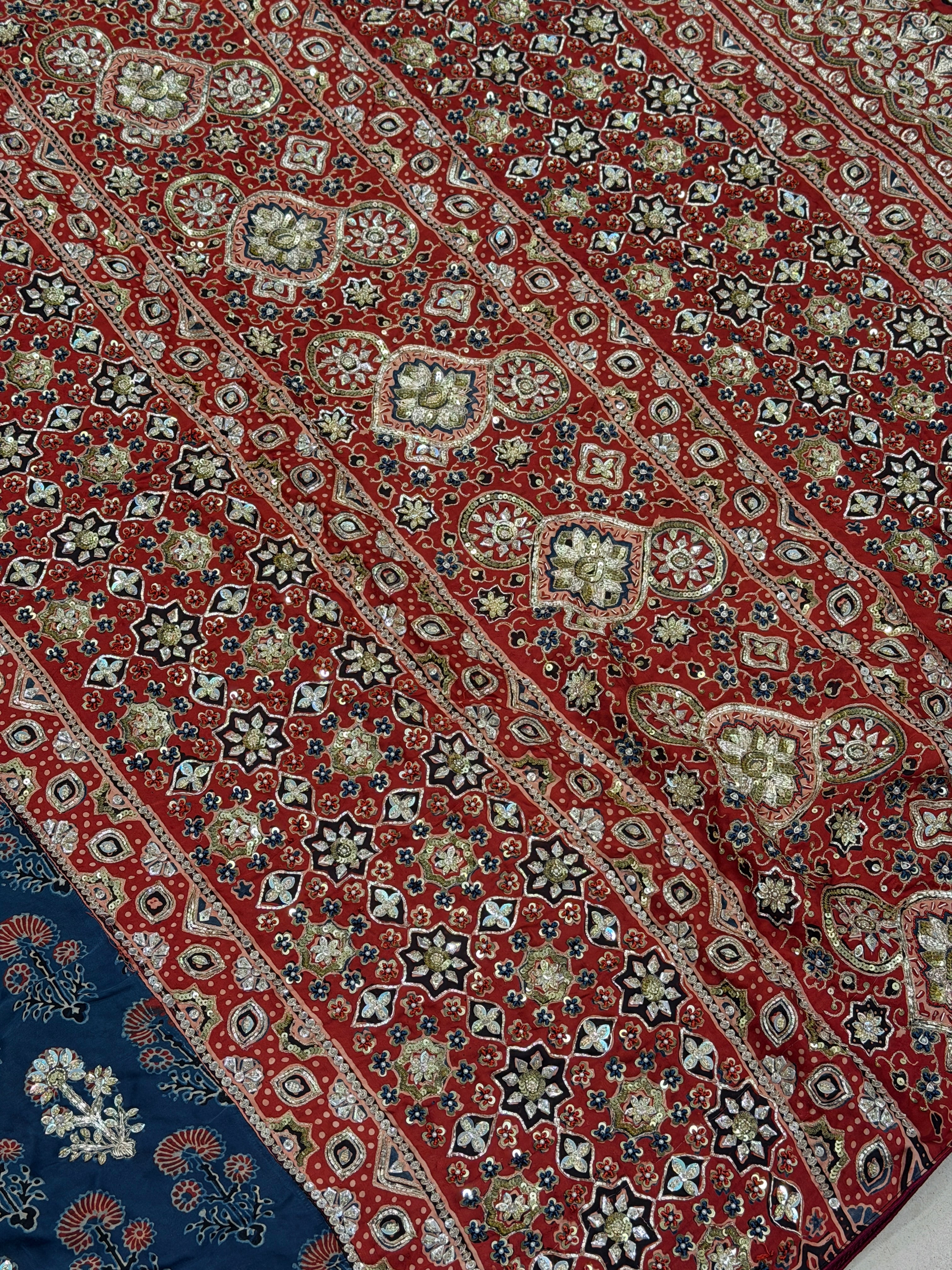Blue Red Three Floral Butta Pita Zardosi Sequin Ajrakh Hand Embroidery Saree