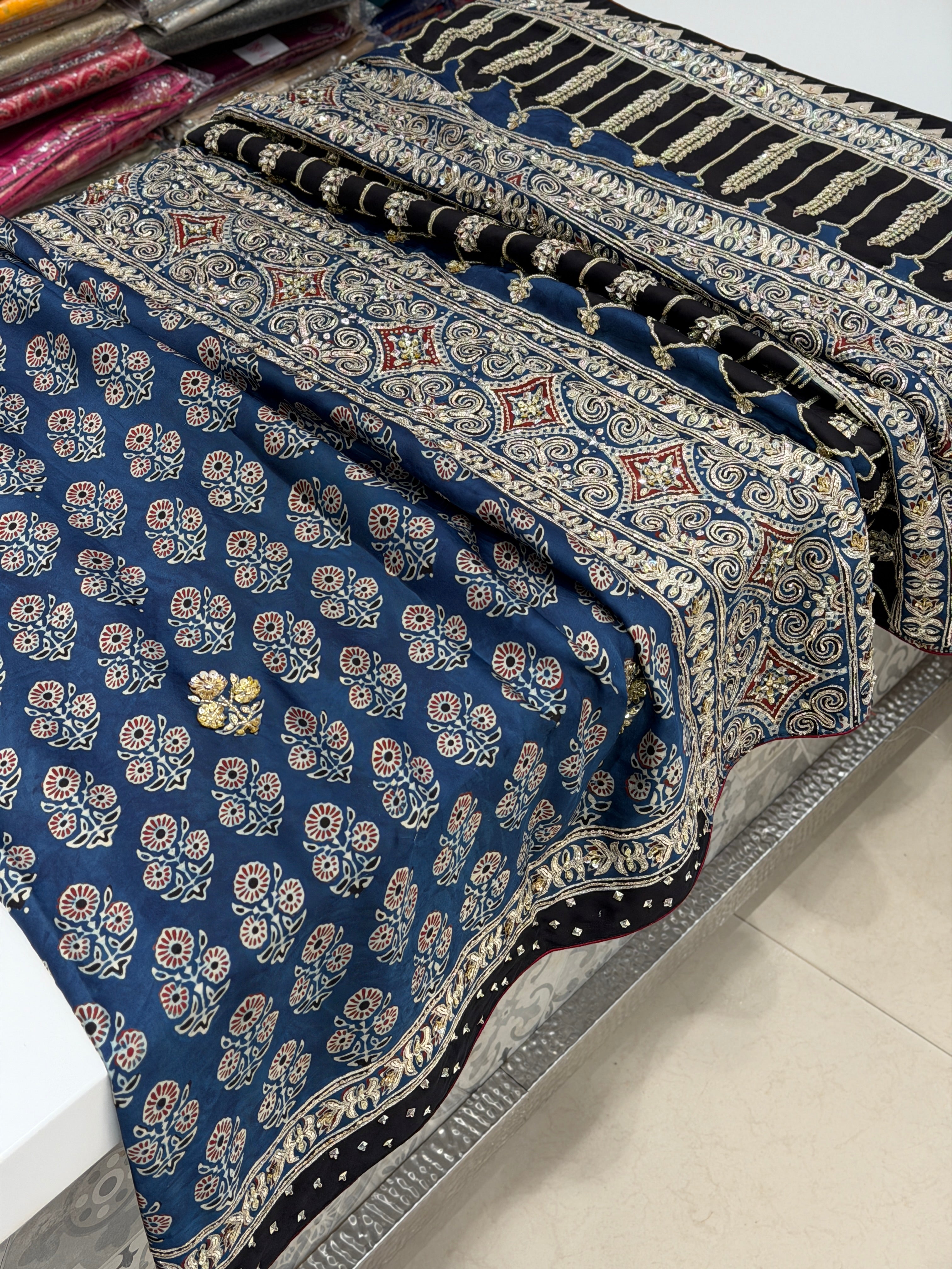 Blue Buttas Pita Zardosi Sequin Ajrakh Hand Embroidery Saree