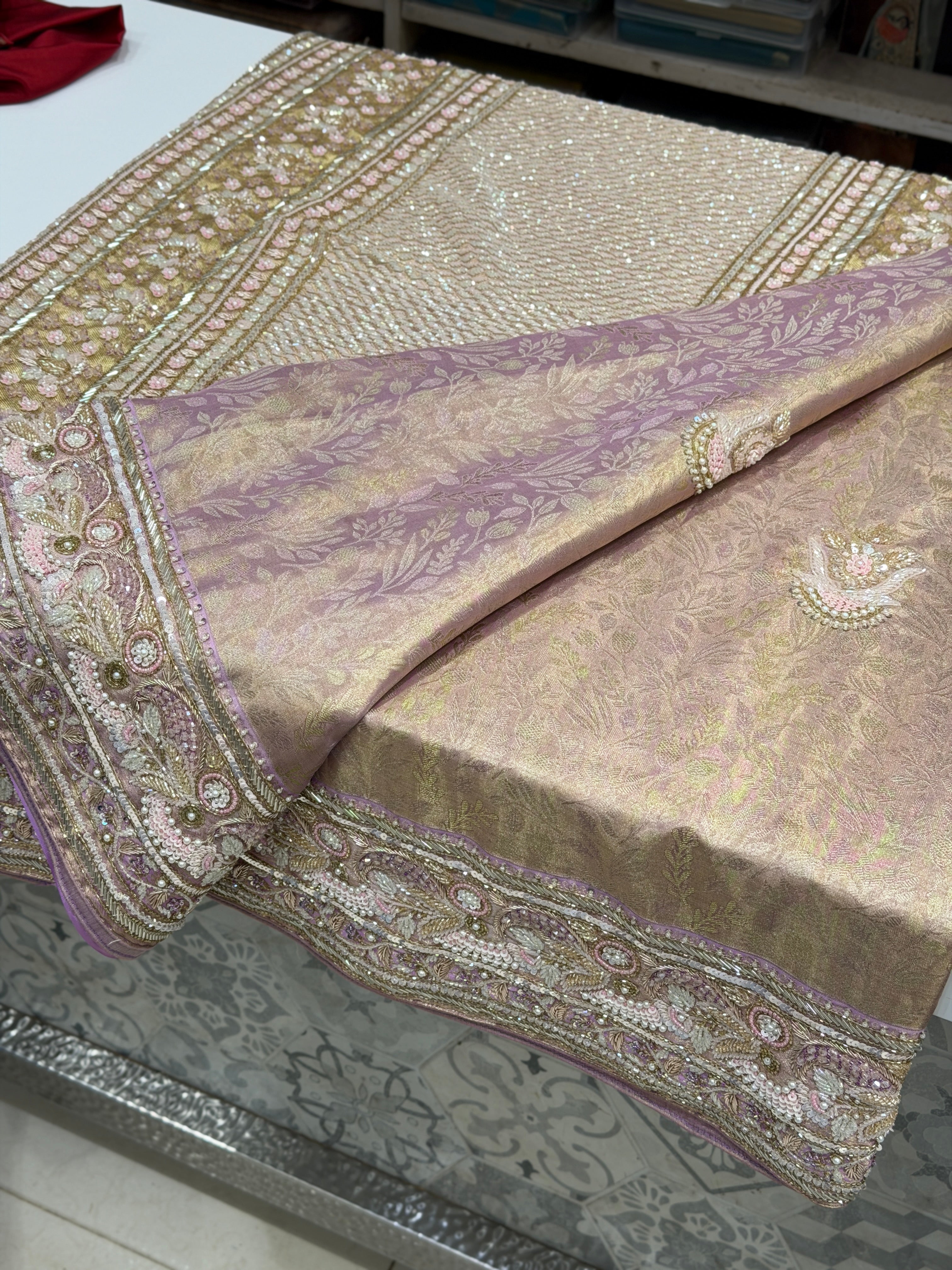 Lilac Floral Tissue Kanjivaram Hand Embroidery Saree