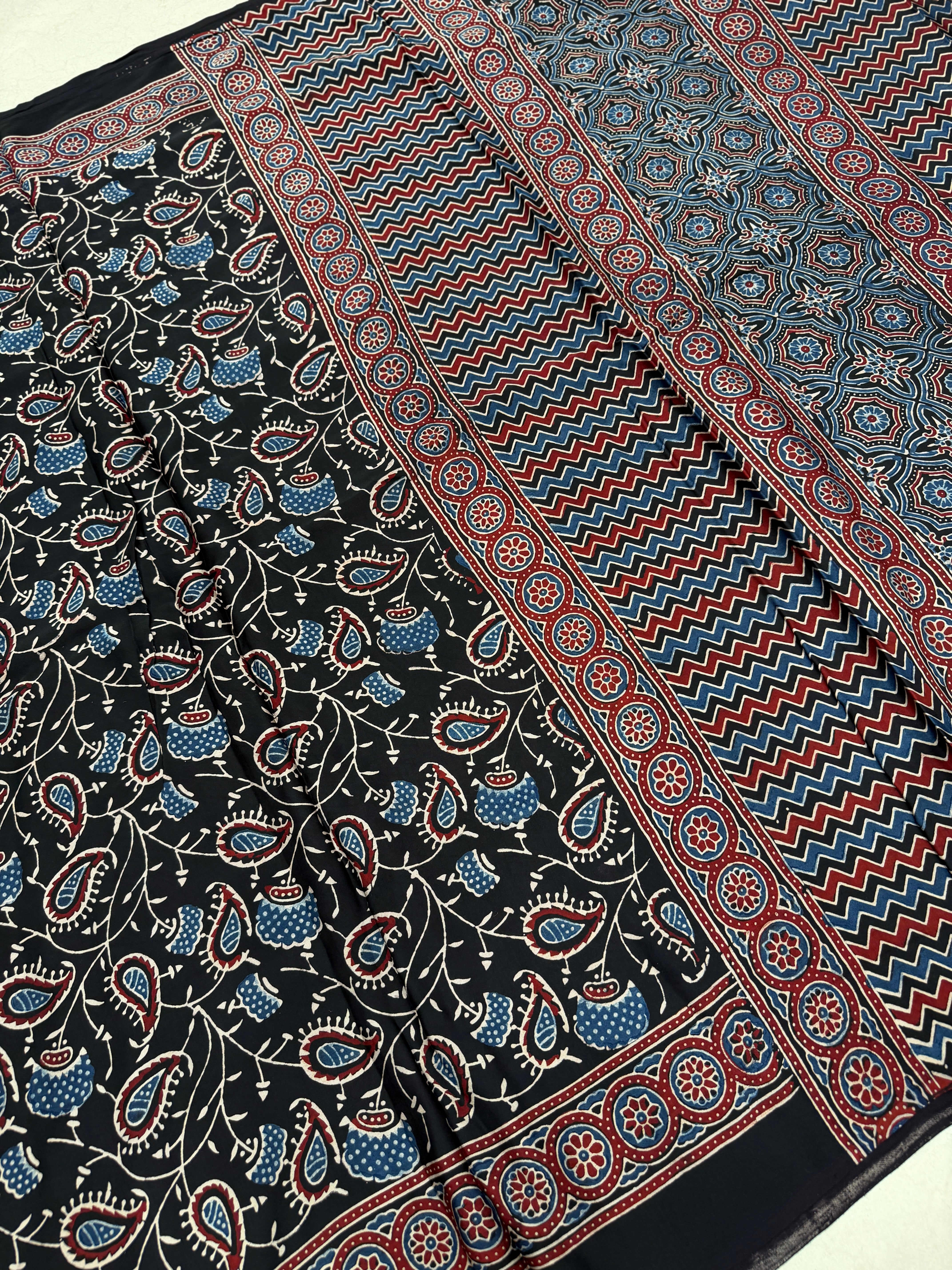 Black Jaal Ajrakh Hand Block Print Pure Gajji Silk Saree