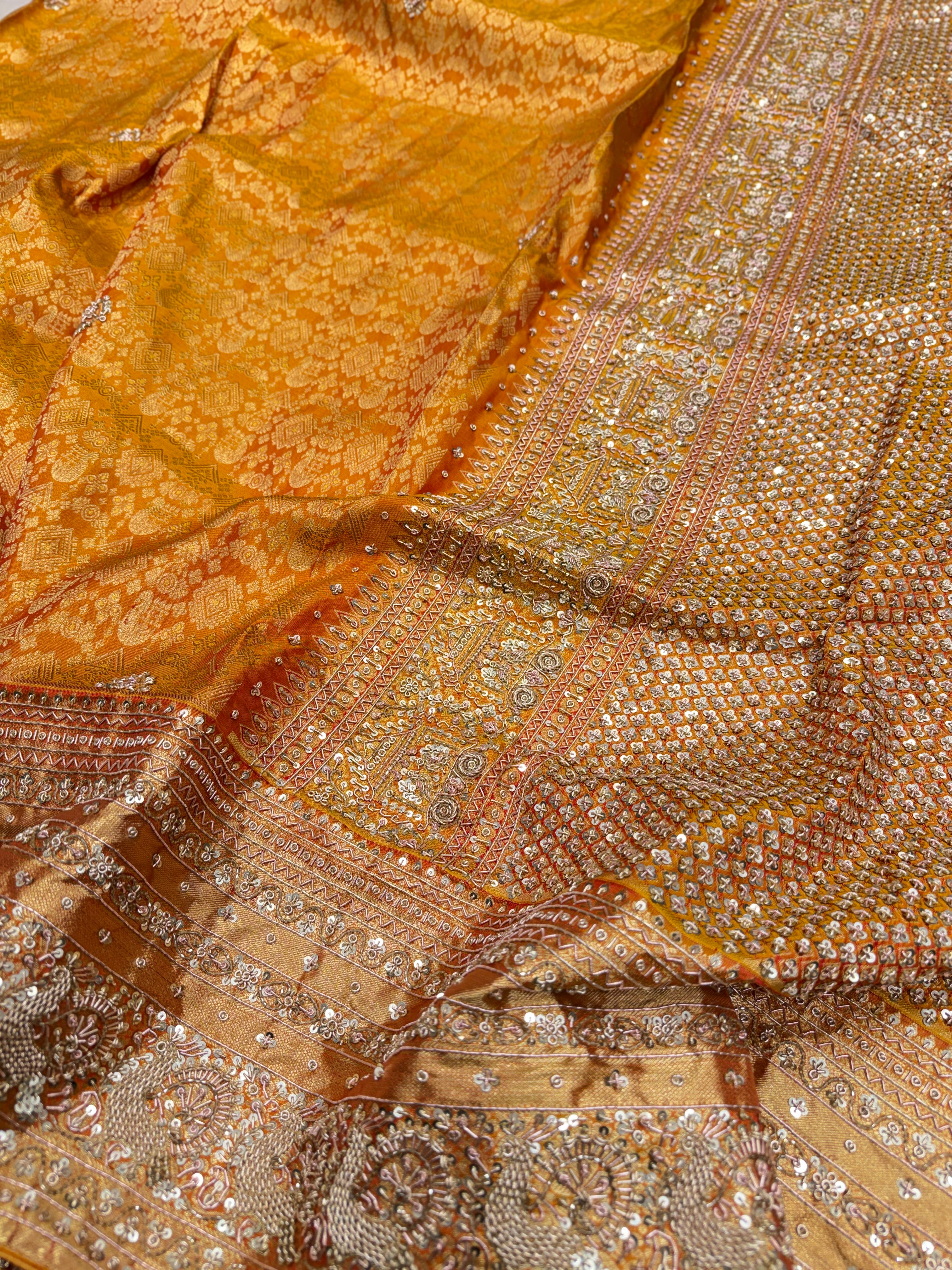 Mustard Yellow Kanjivaram Peacock Motif Hand Embroidery Zardosi Saree