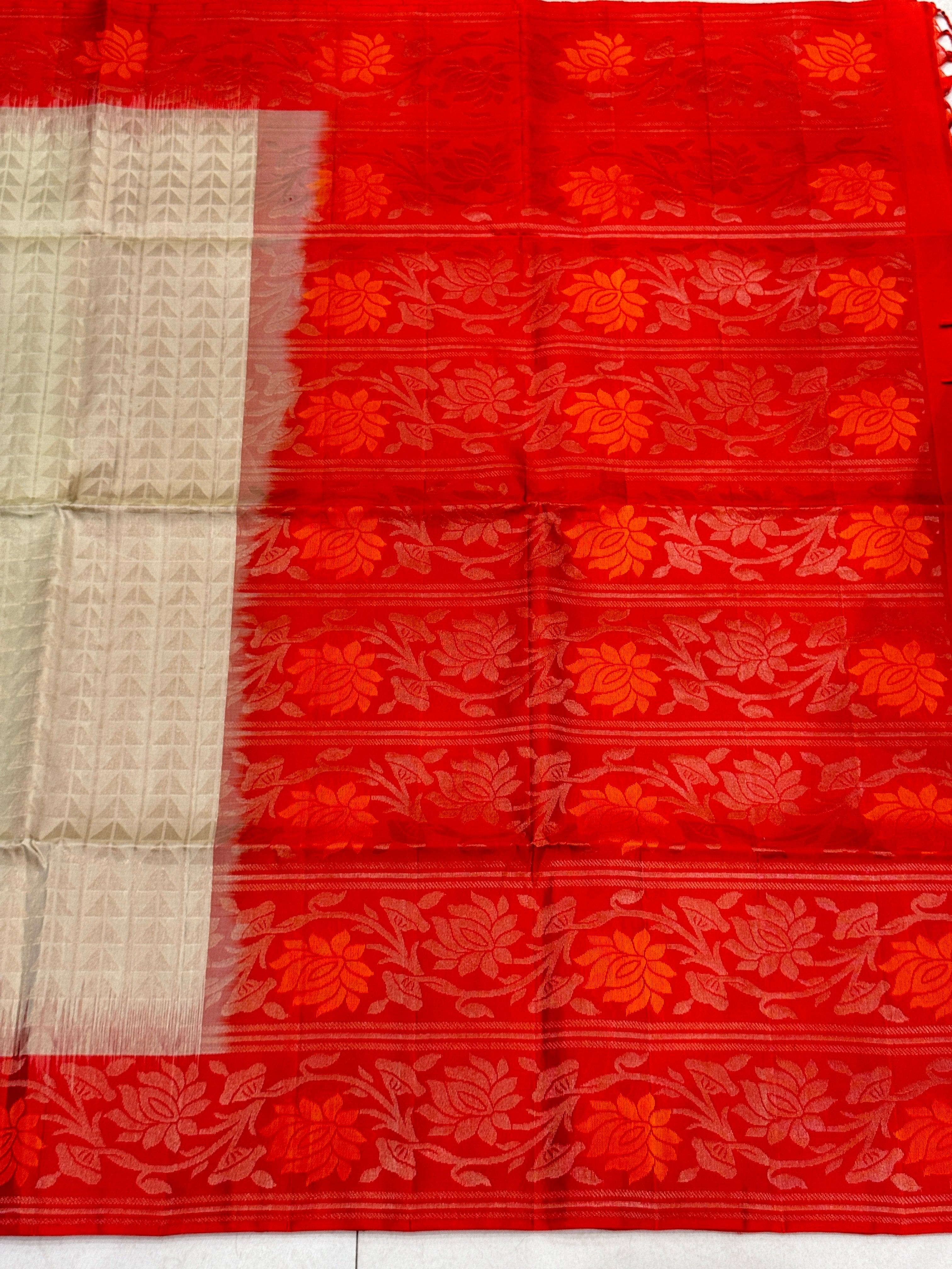 Moti White Red Jaal Pallu Contemporary Handloom Kanchipuram Pure Silk Saree