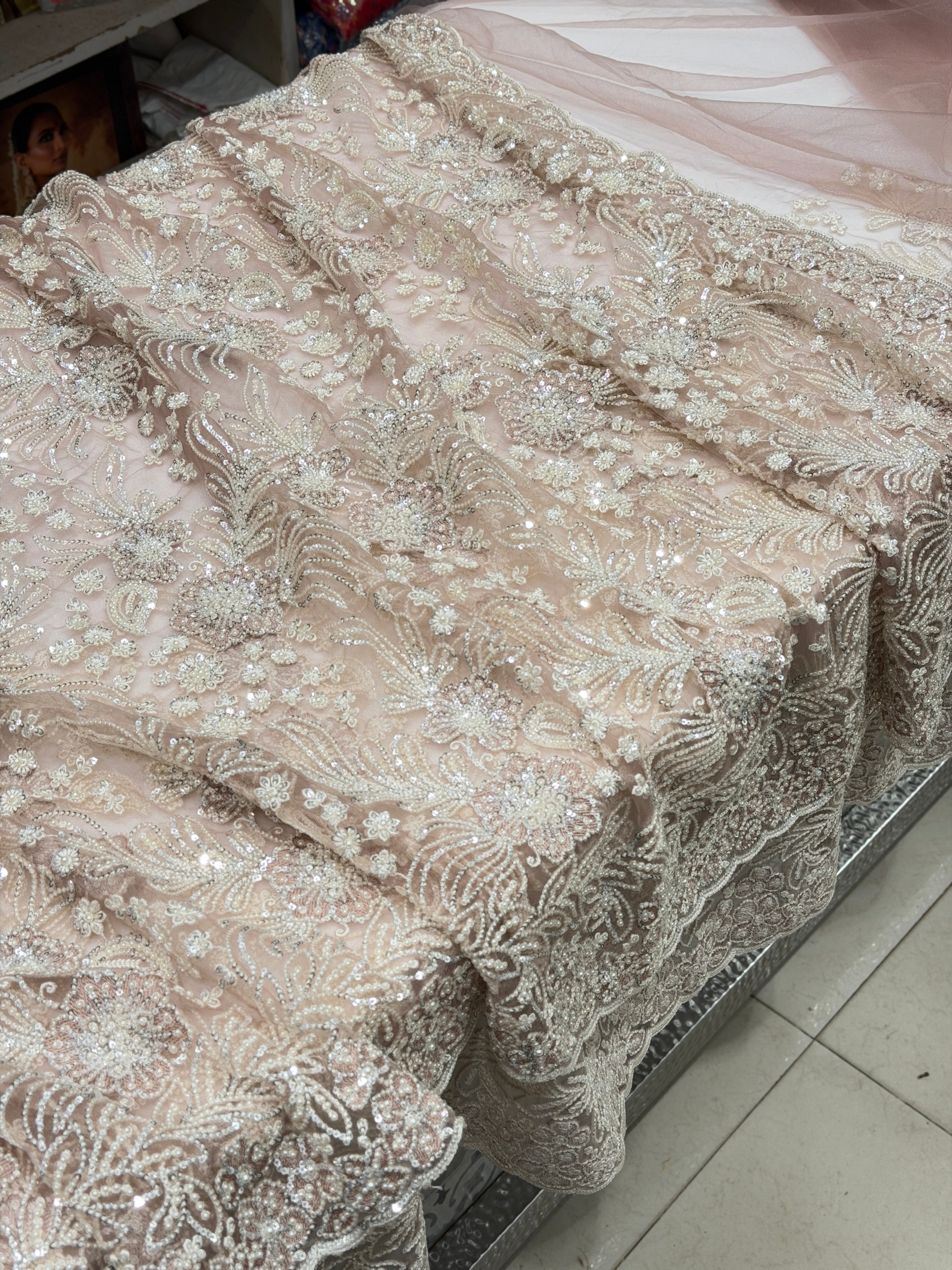 Nude Pink Floral Jaal Net Resham Moti Embroidery Soft Saree