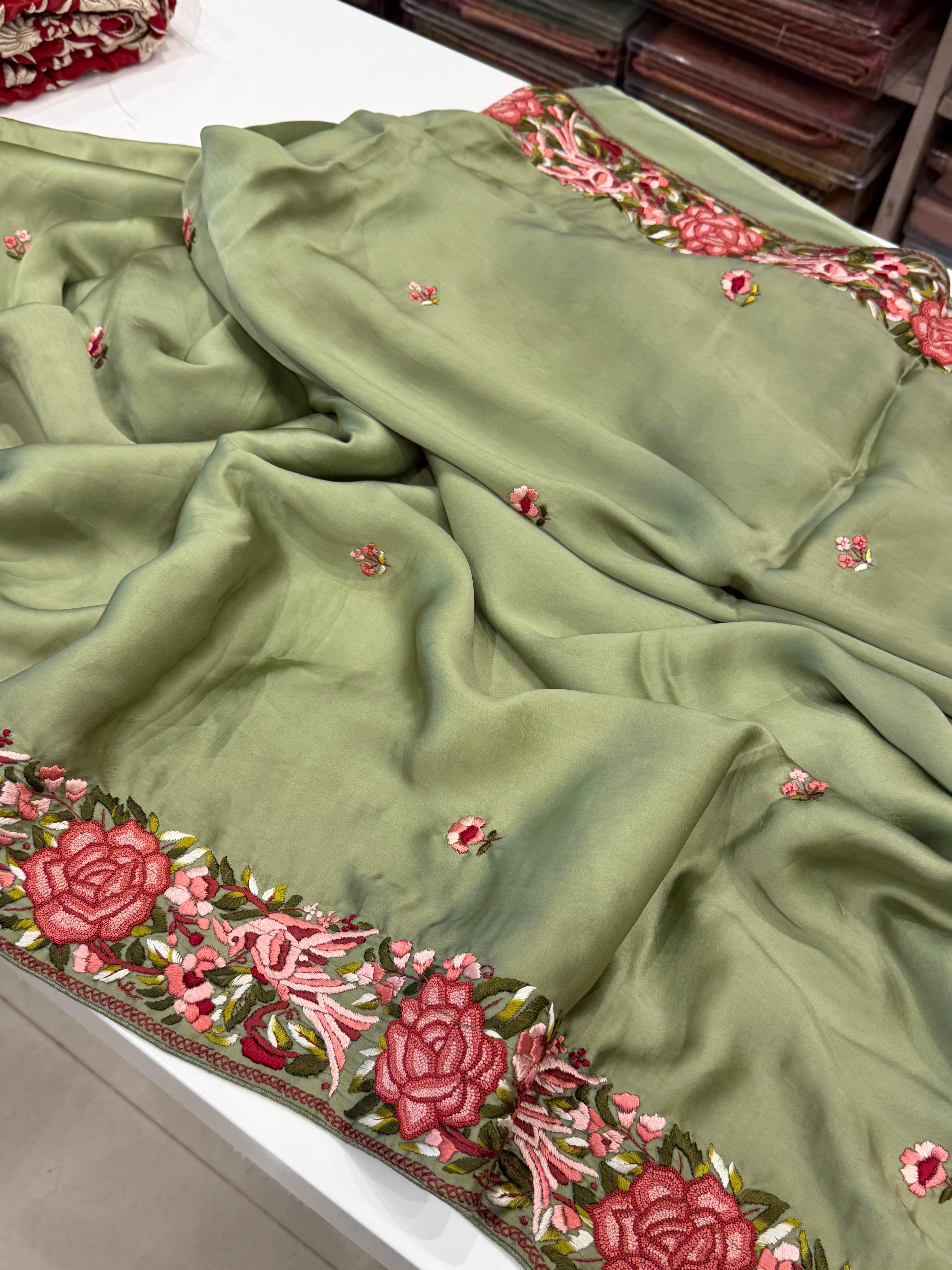 Pista Green Satin Parsi Gara Hand Embroidery Border Saree