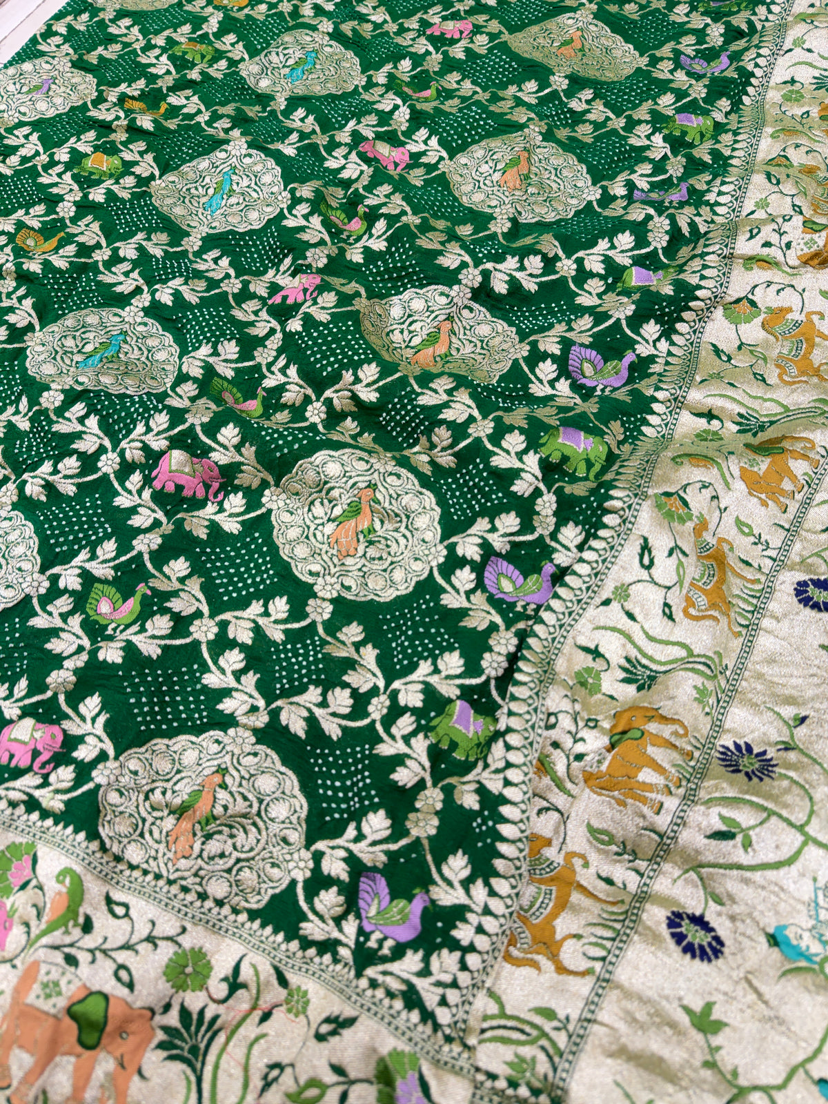 Bottle Green Meenakari Elephant Motif Geoegette Rai Bandhej Saree