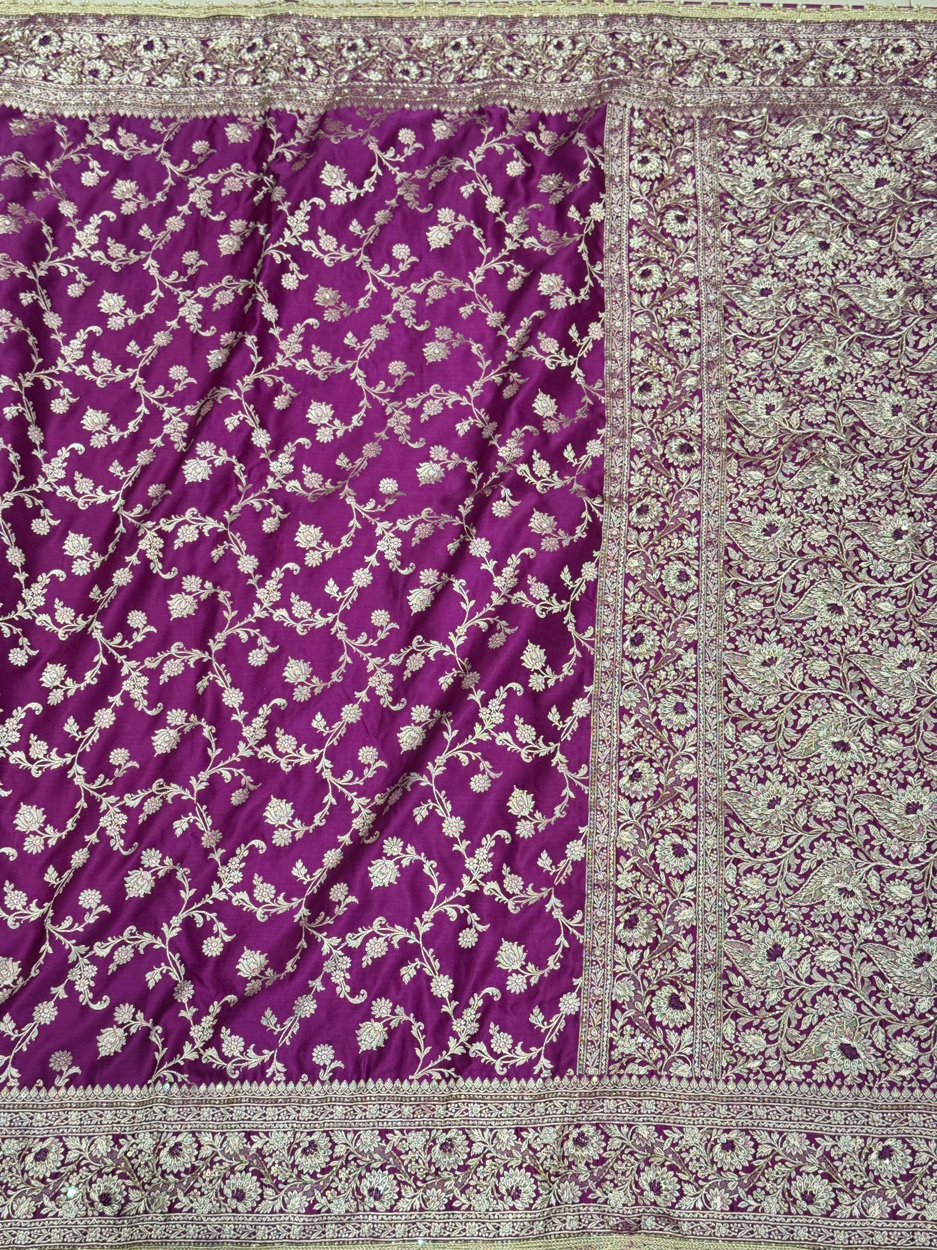 Wine Banarasi Upside Down Hand Embroidery Zardosi Resham Saree