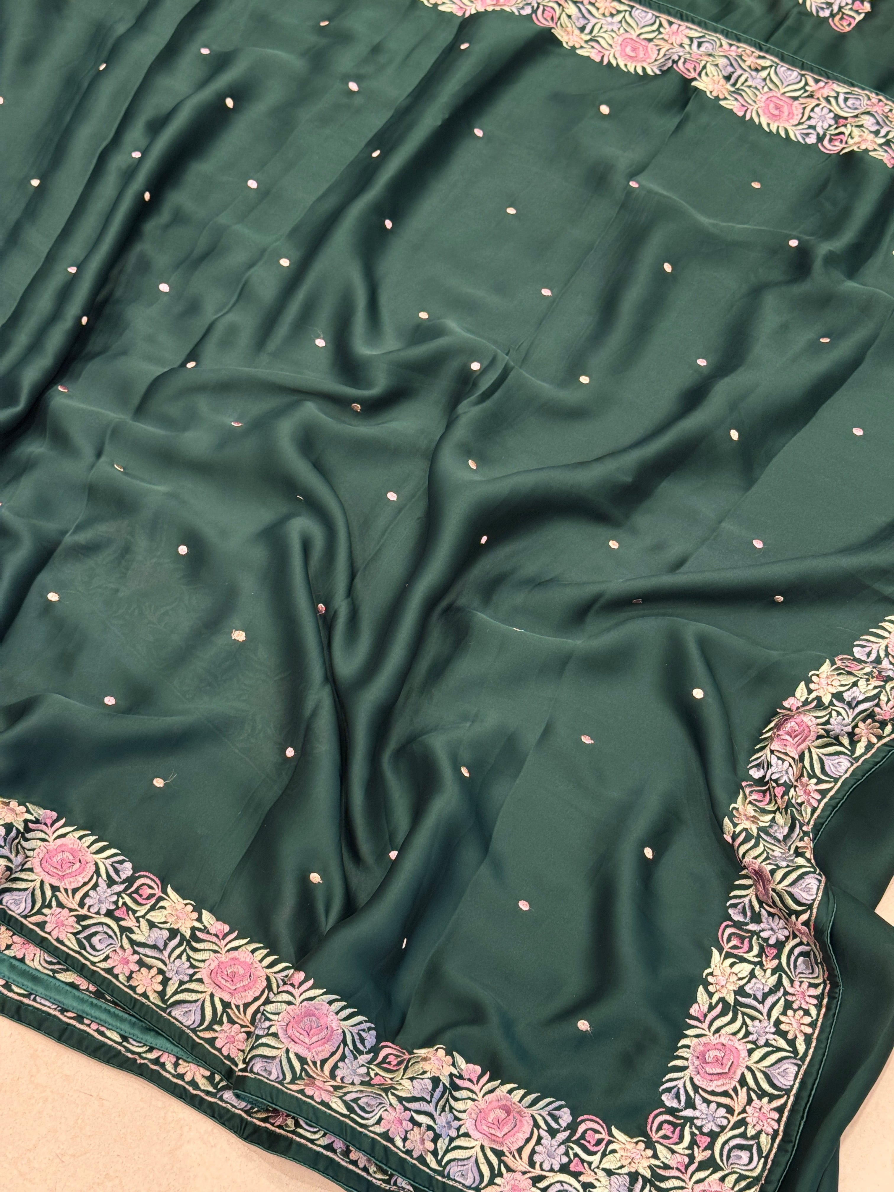 Bottle Green Satin Parsi Gara Saree