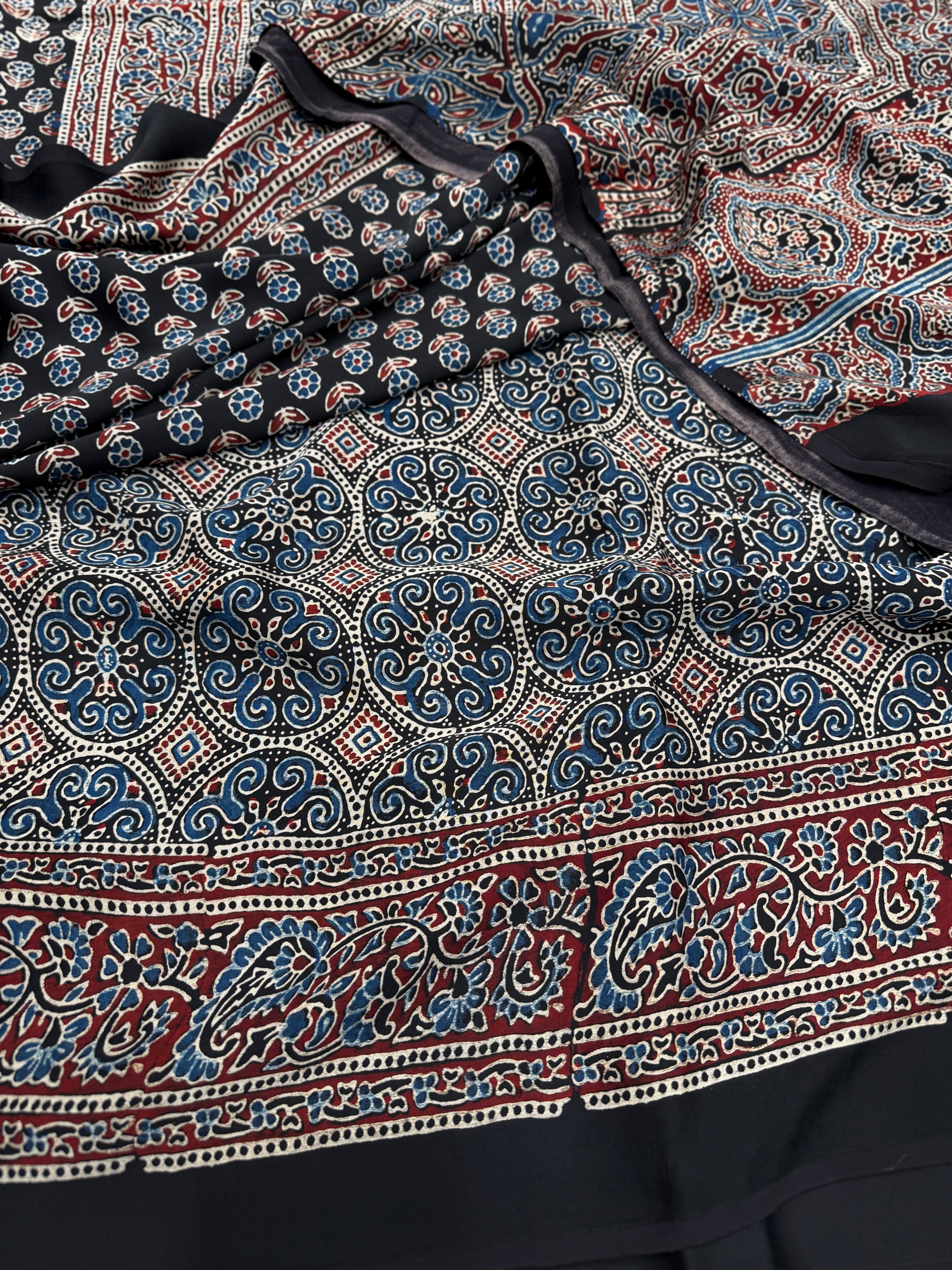 Black Small Flower Buttis Ajrakh Hand Block Print Pure Modal Silk Saree