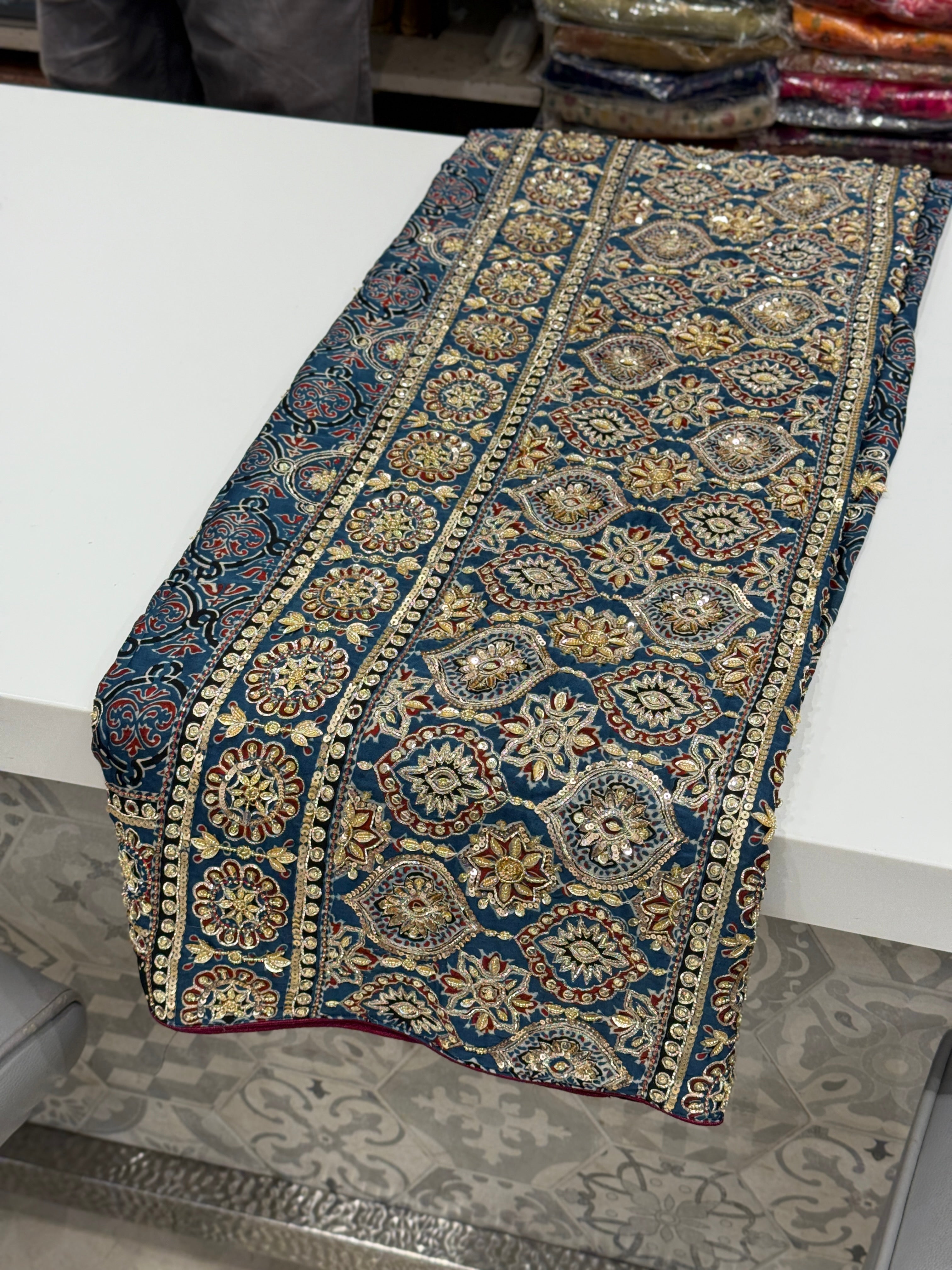 Blue Badam Jaal Pita Zardosi Sequin Ajrakh Hand Embroidery Saree