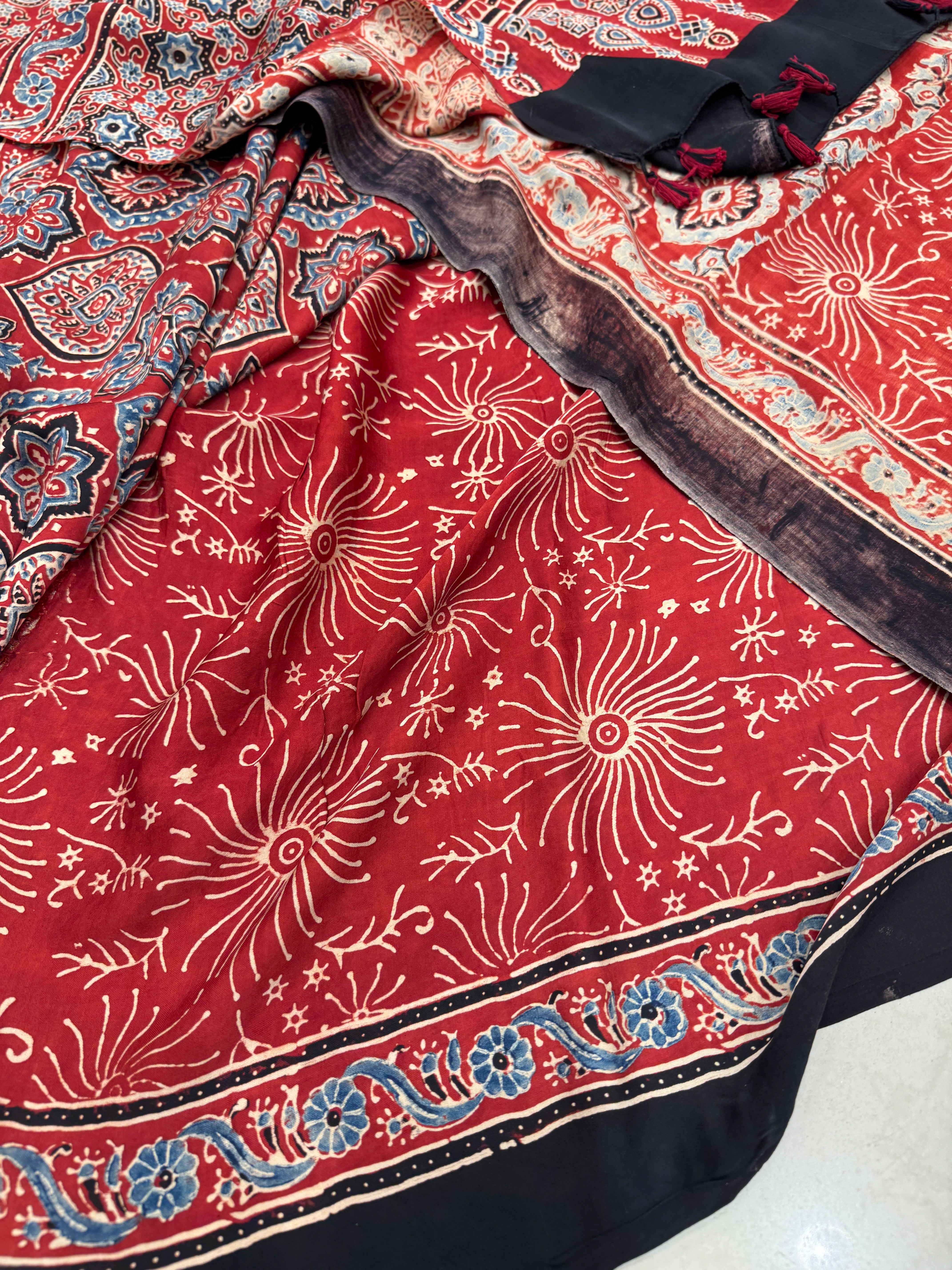 Red Jewelled Badam Butti Ajrakh Gajji Hand Block Print Saree