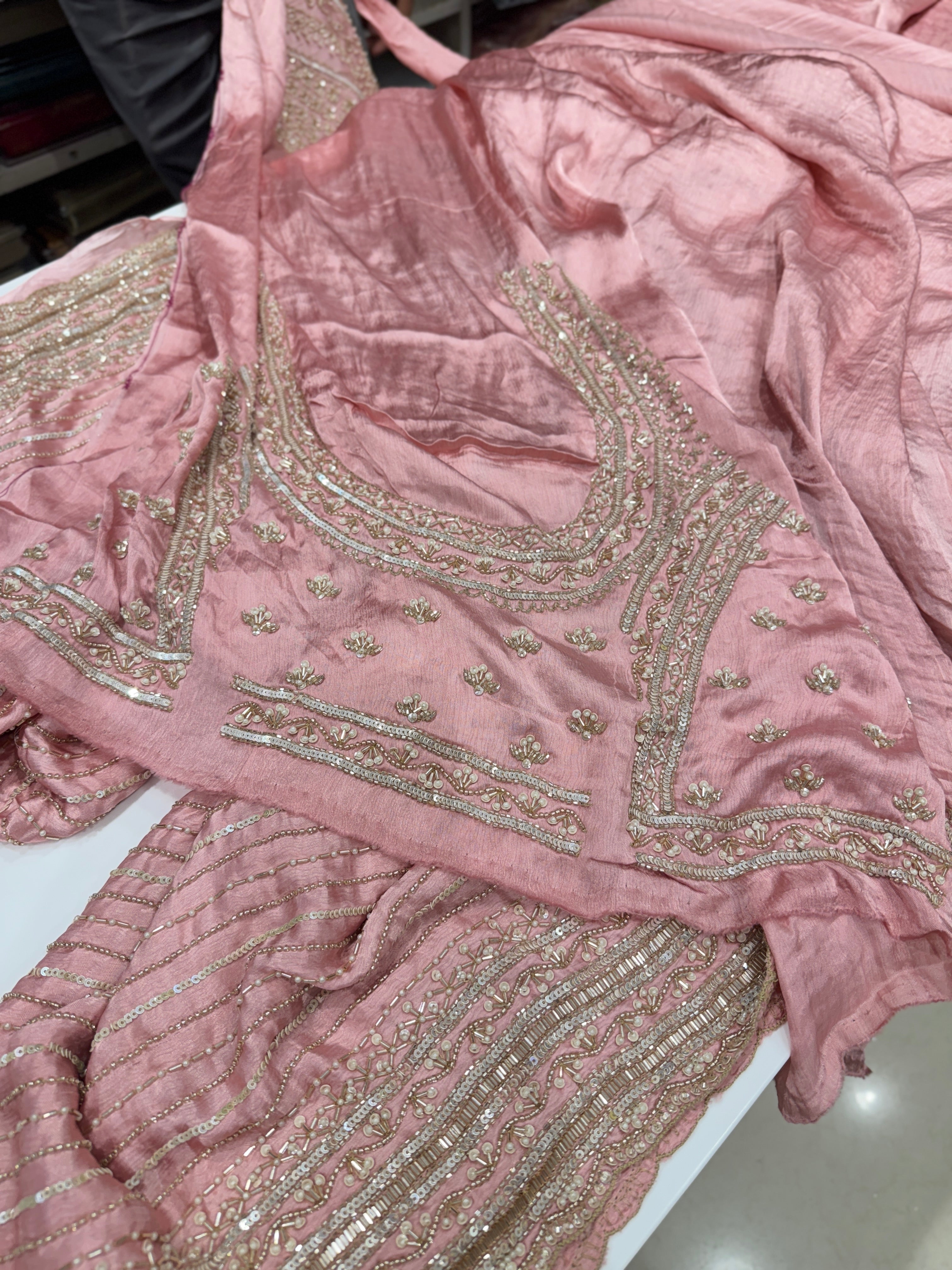 Light Pink Satin Moti Hand Embroidery Saree