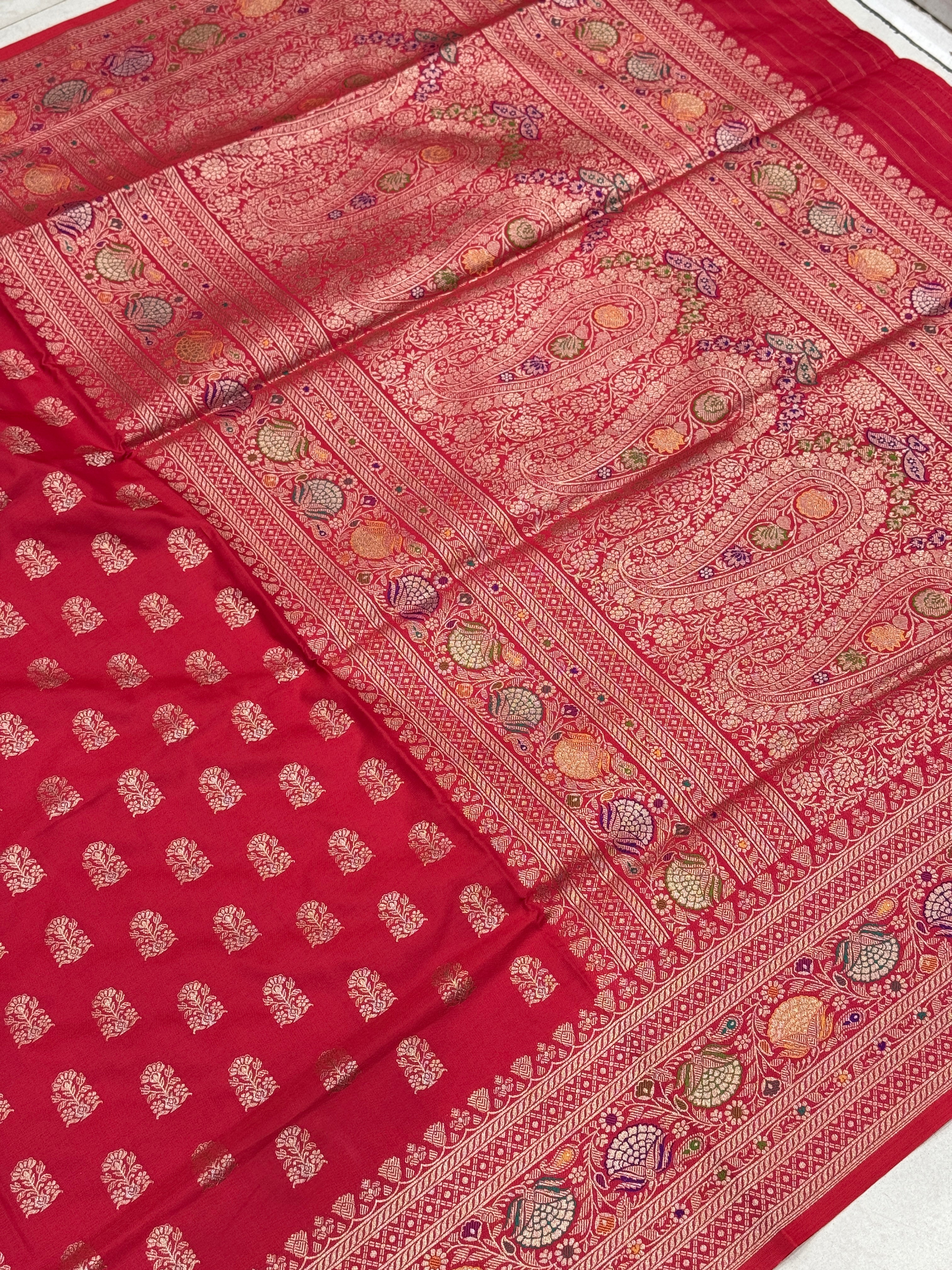 Red Banarasi Silk Butta Meena Border Saree