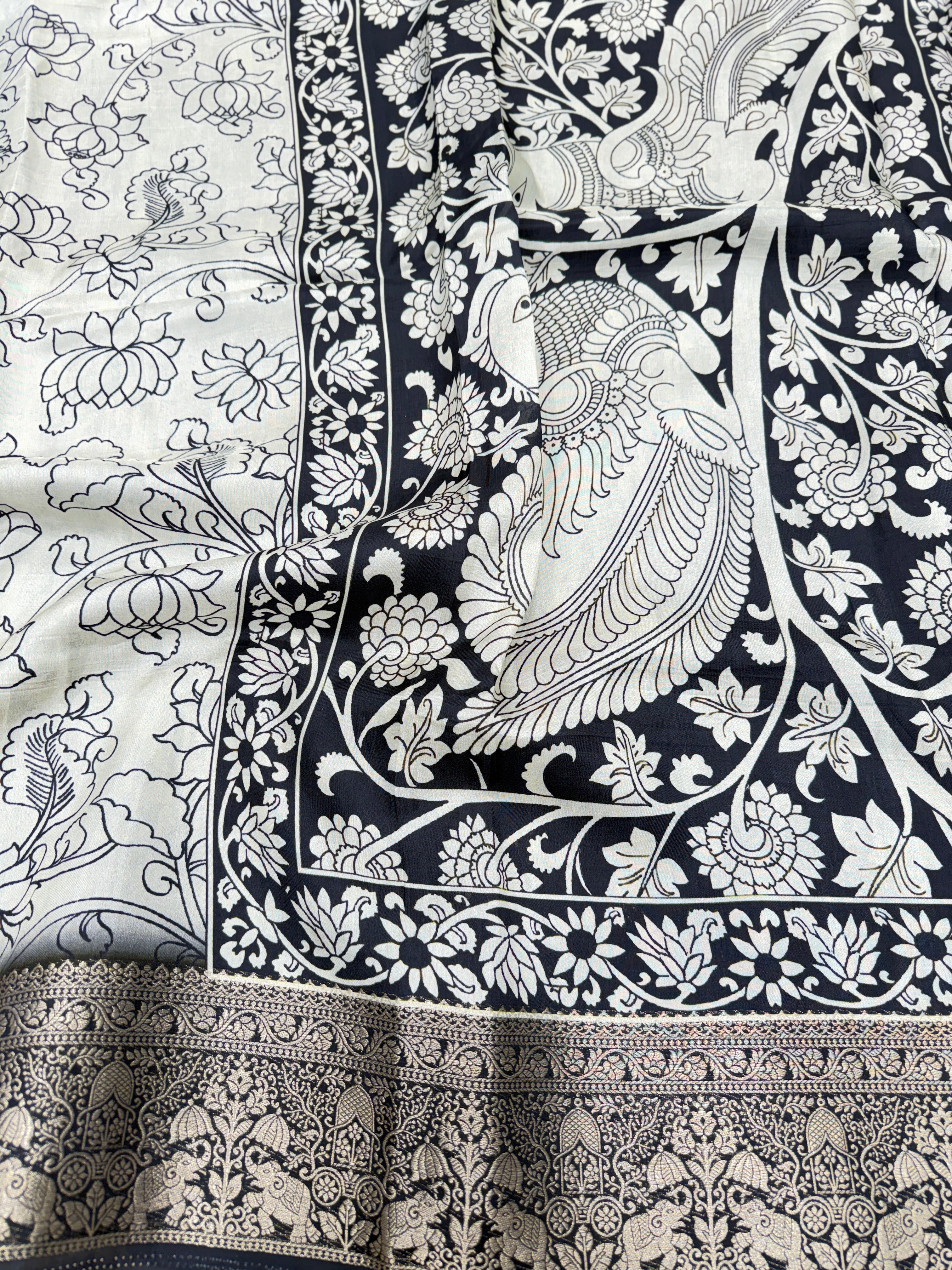 White and Black Printed Kalamkari Munga Silk Saree