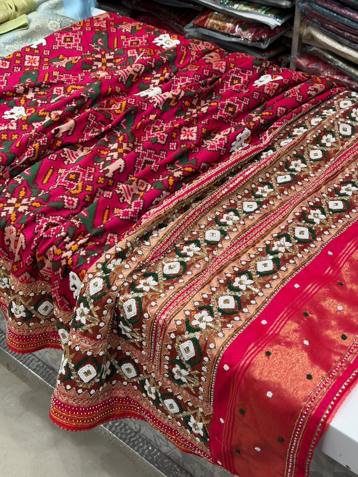 Rani Pink Semi Silk Patola Kidiya Moti Hand Embroidery Saree