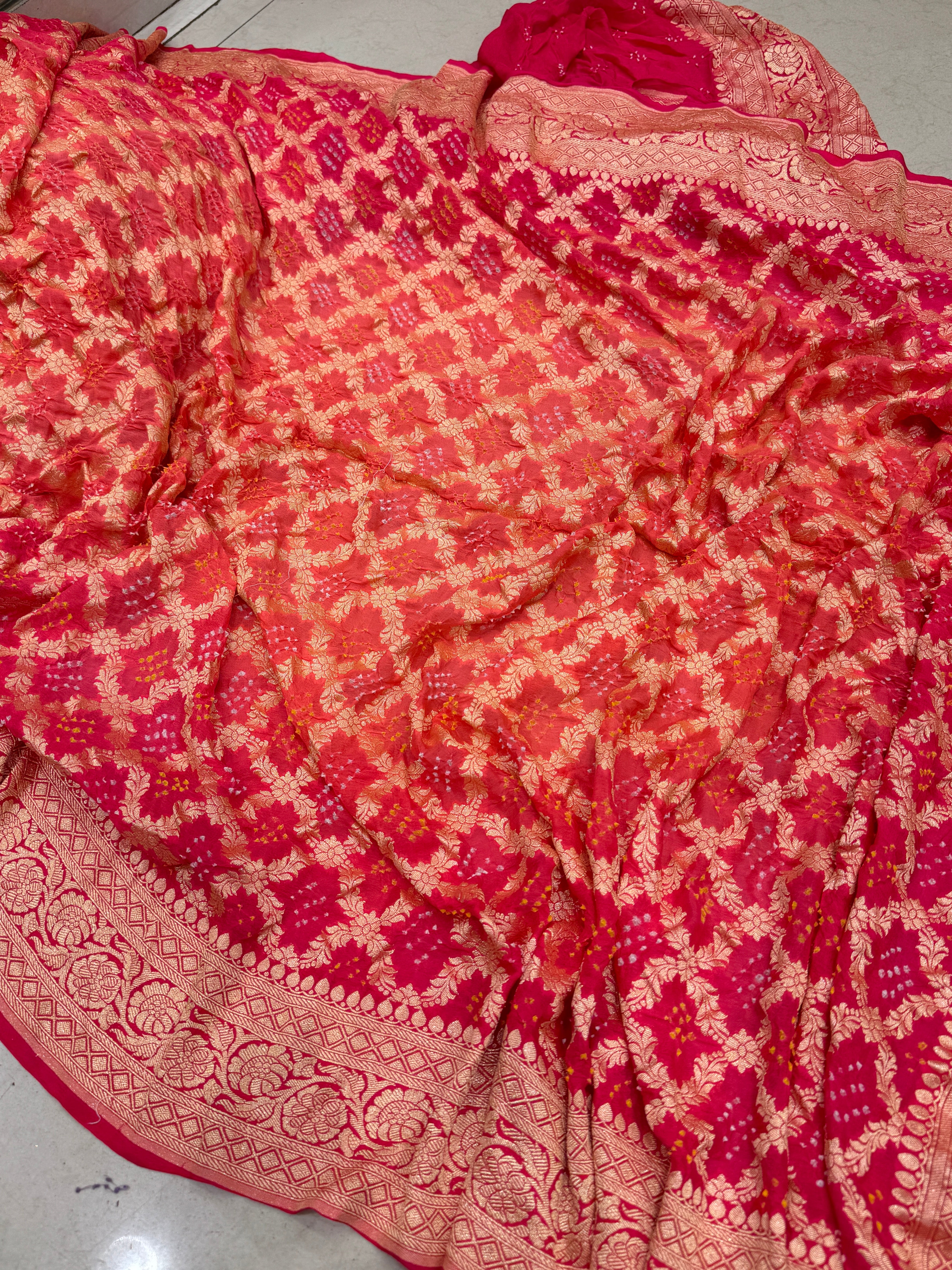 Strawberry Peach Shaded Bandhej Bandhini Saree