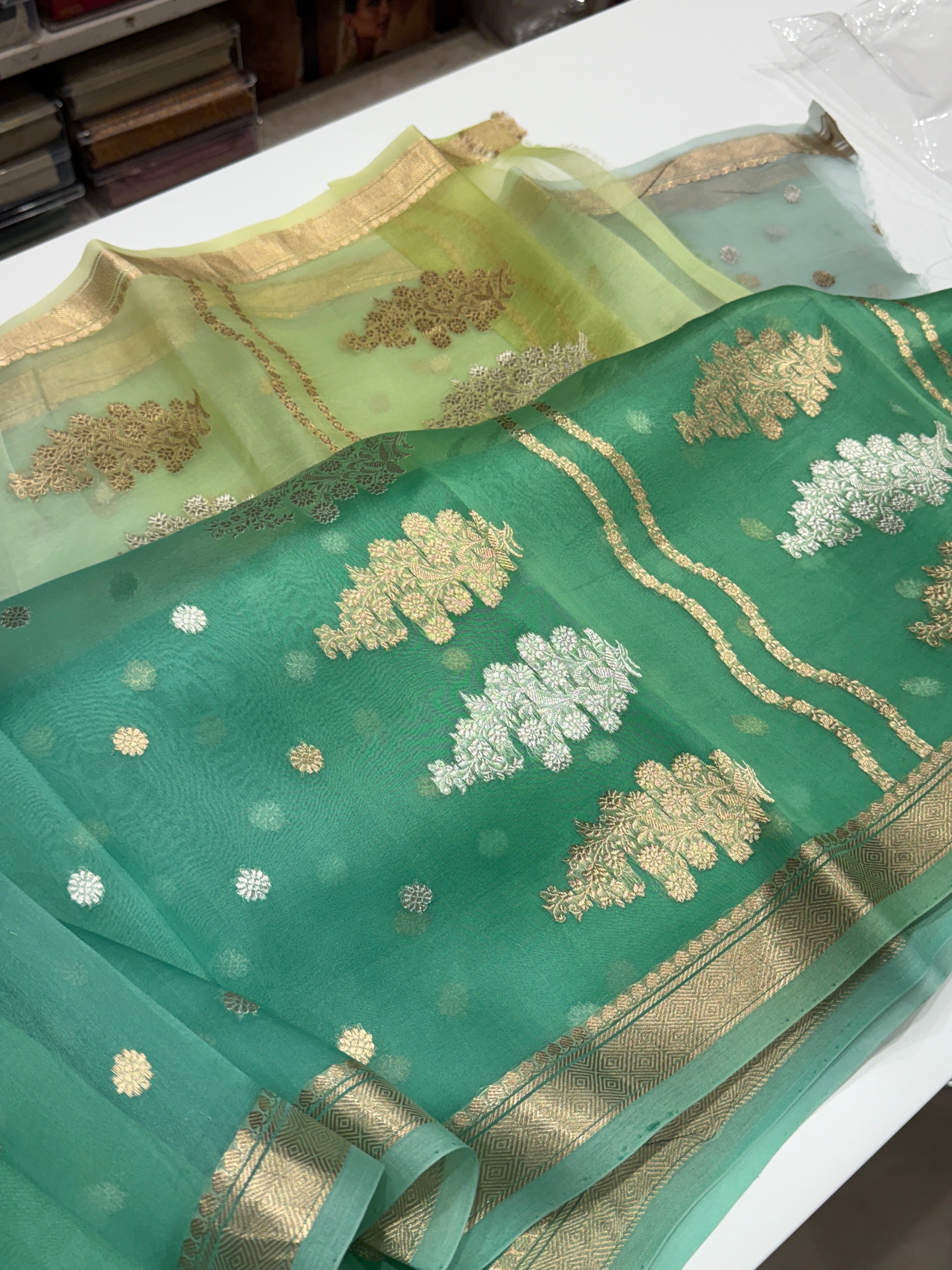 Green Shaded Banarasi Handloom Kora Saree