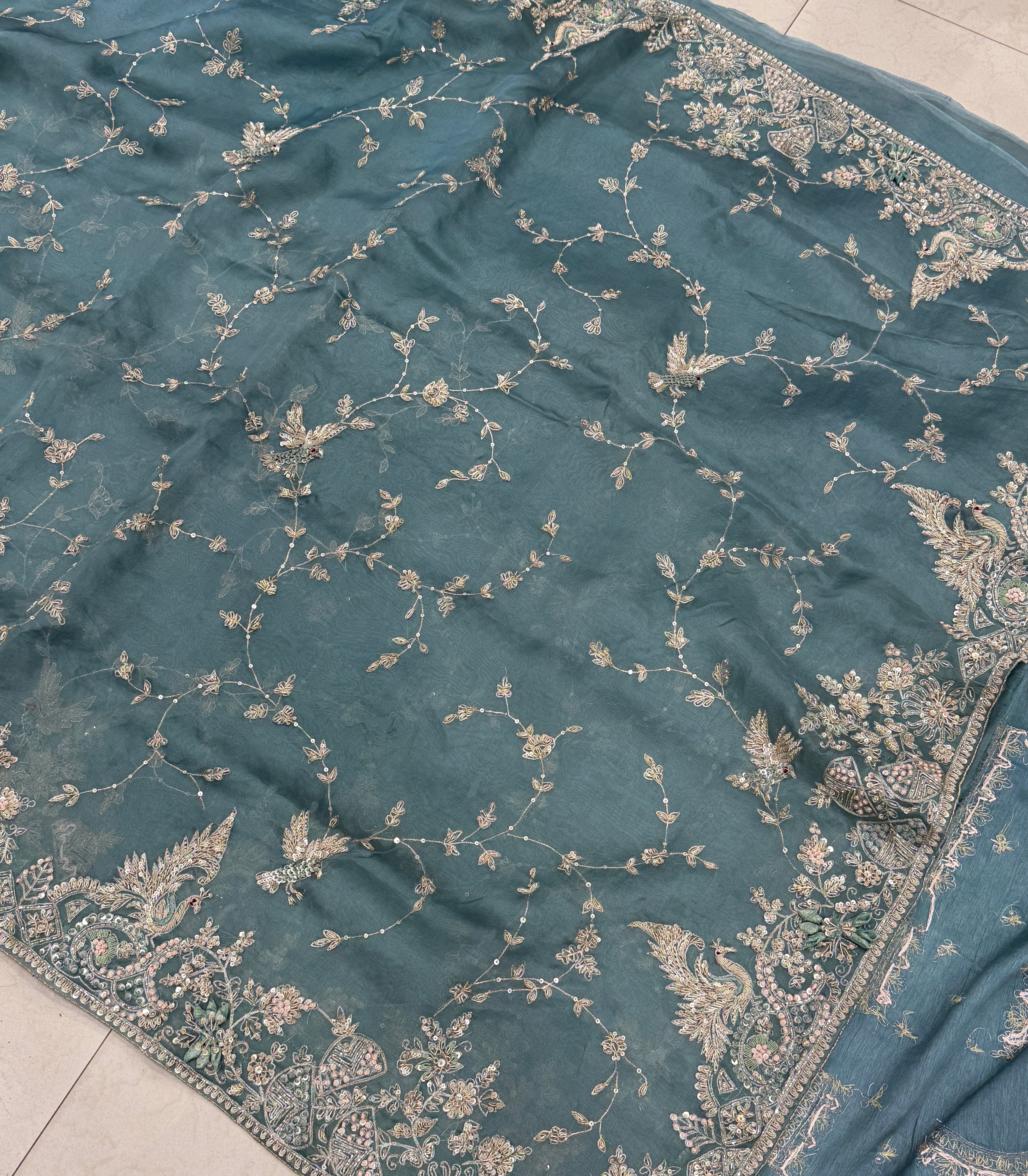 Sea Green Organza Zardosi Peacock Flying Bird Jaal Hand Embroidery Saree