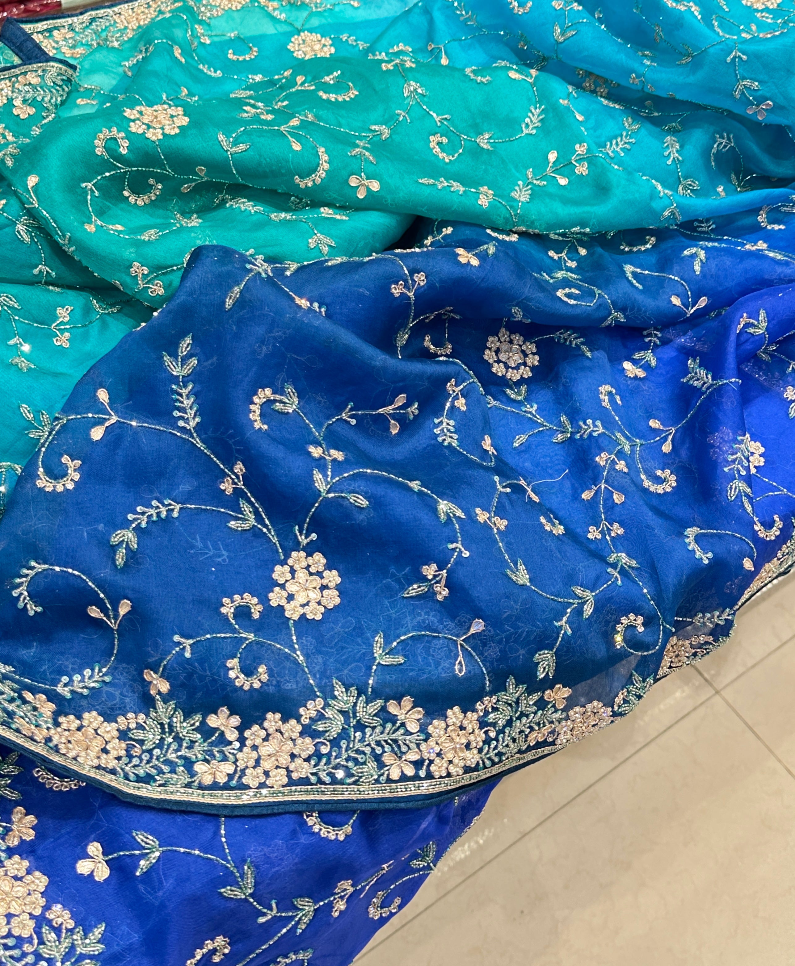 Blue Shaded Pure Organza Embroidery Saree