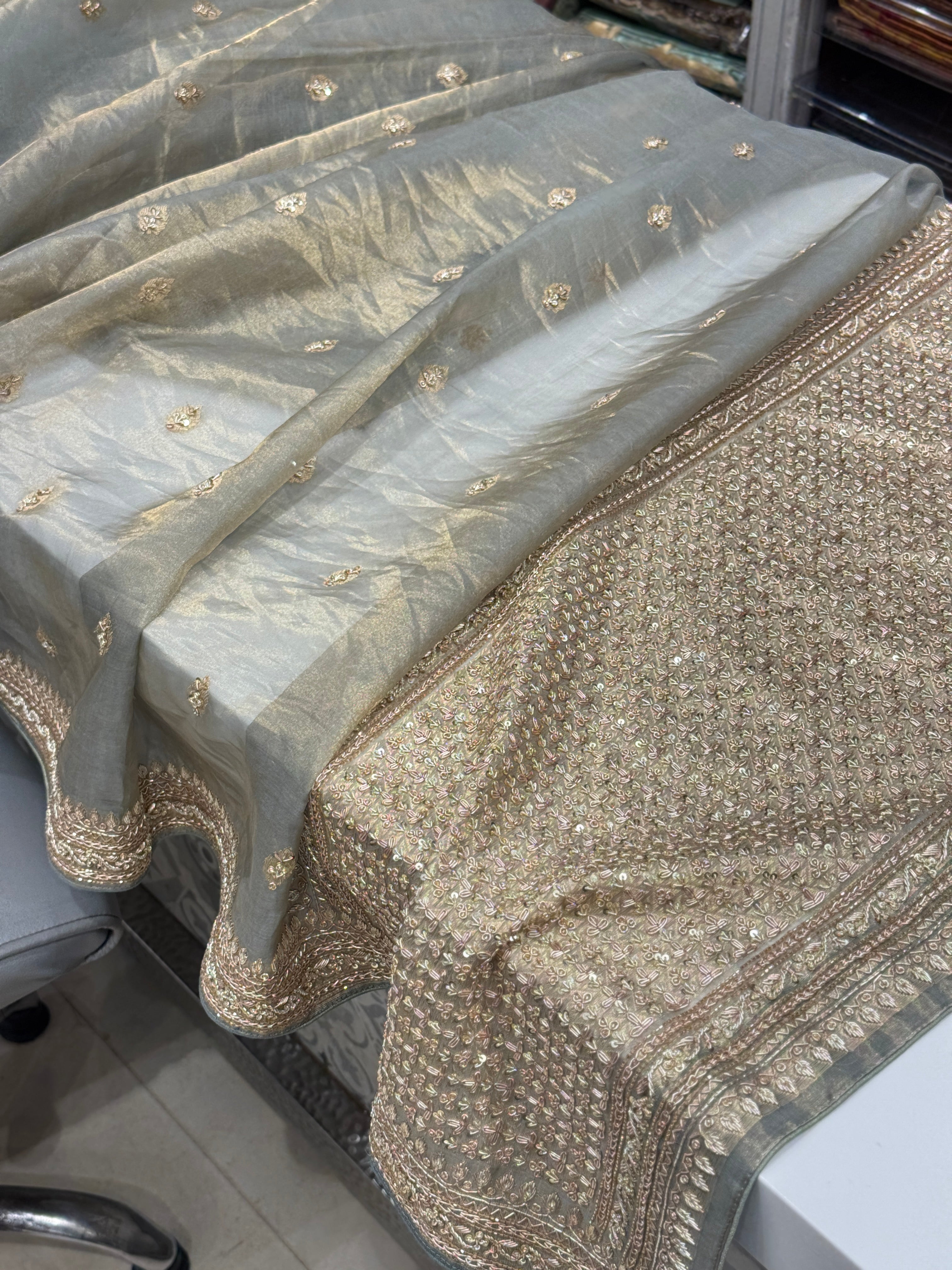 Cement Grey Banarasi Tissue Kadwa Buttas Zardosi Hand Embroidery Saree