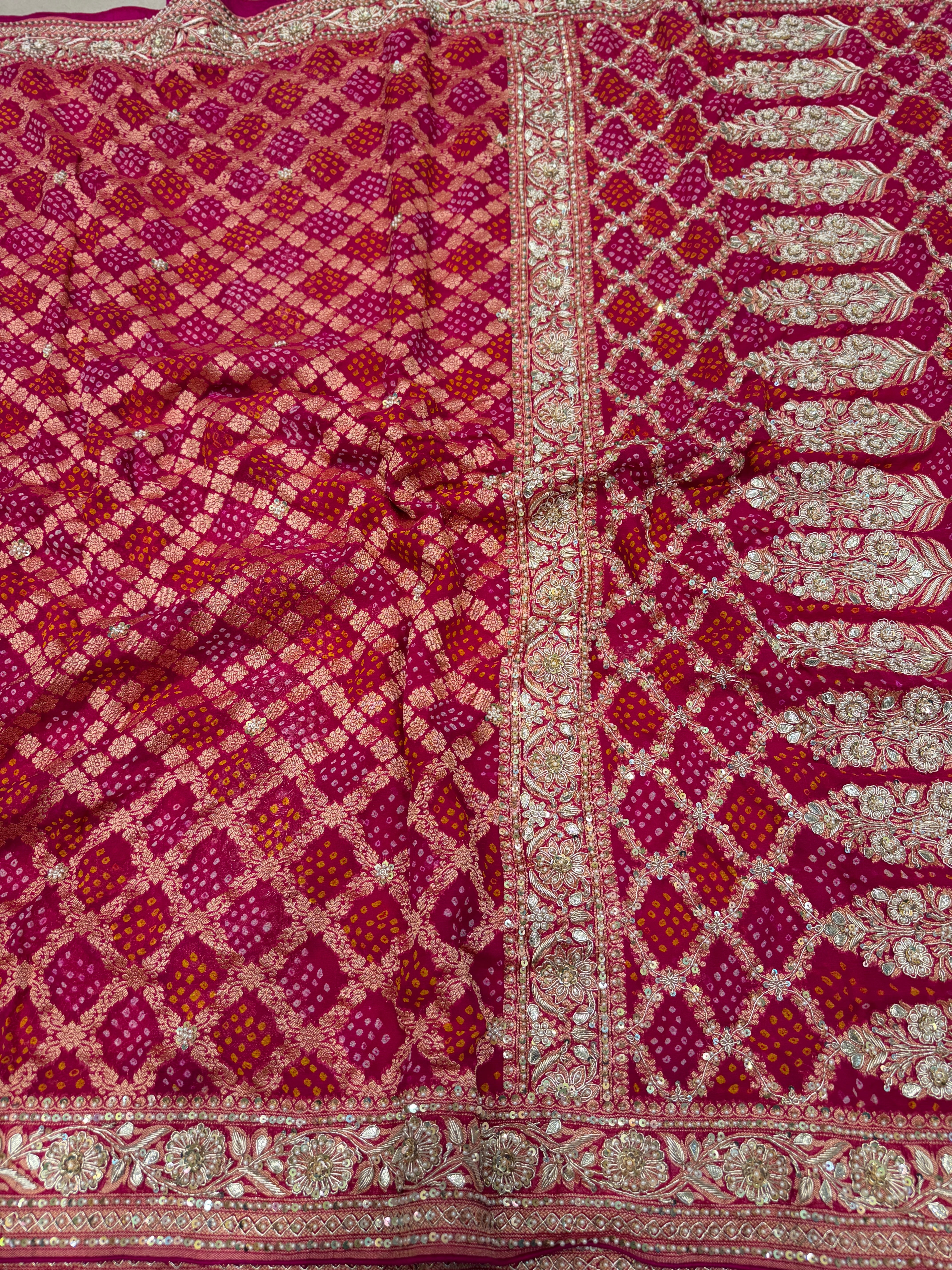 Rani Pink Rai Bandhej Zardosi Hand Embroidery Saree