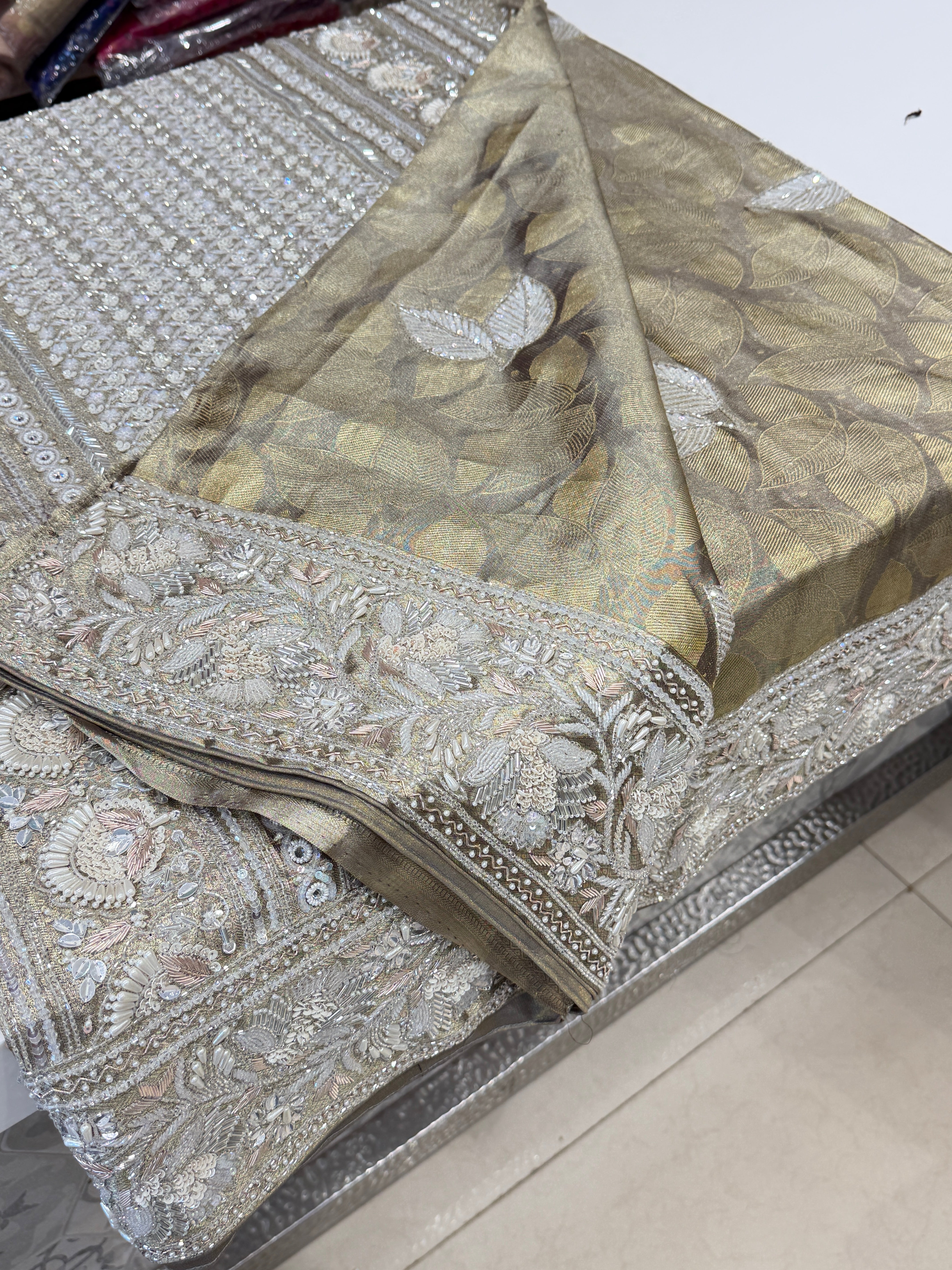 Champagne Contemporary Kanjivaram Hand Embroidery Zardosi Saree