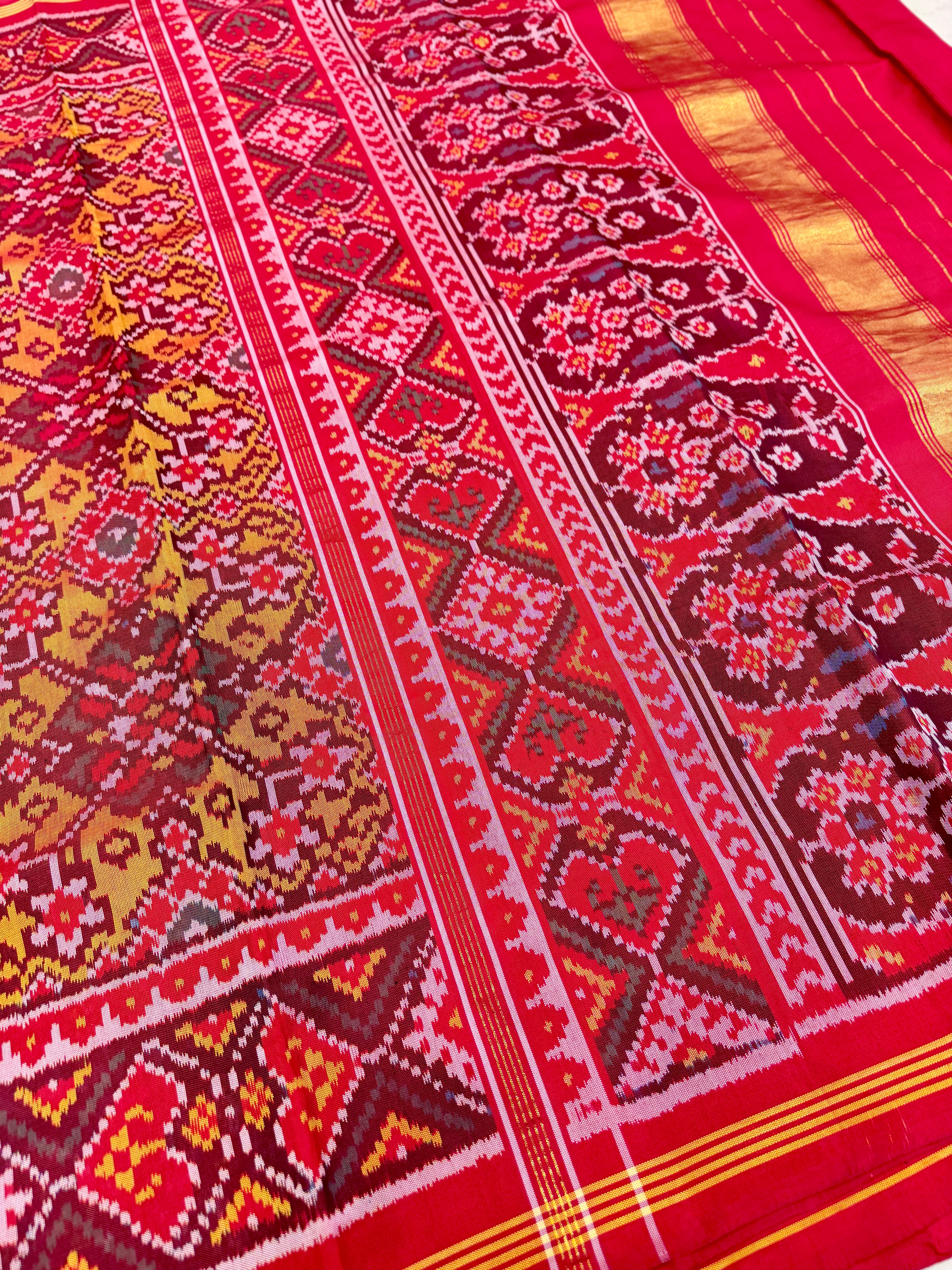 Yellow Red Pure Silk Manek Chowk Handloom Patola Saree