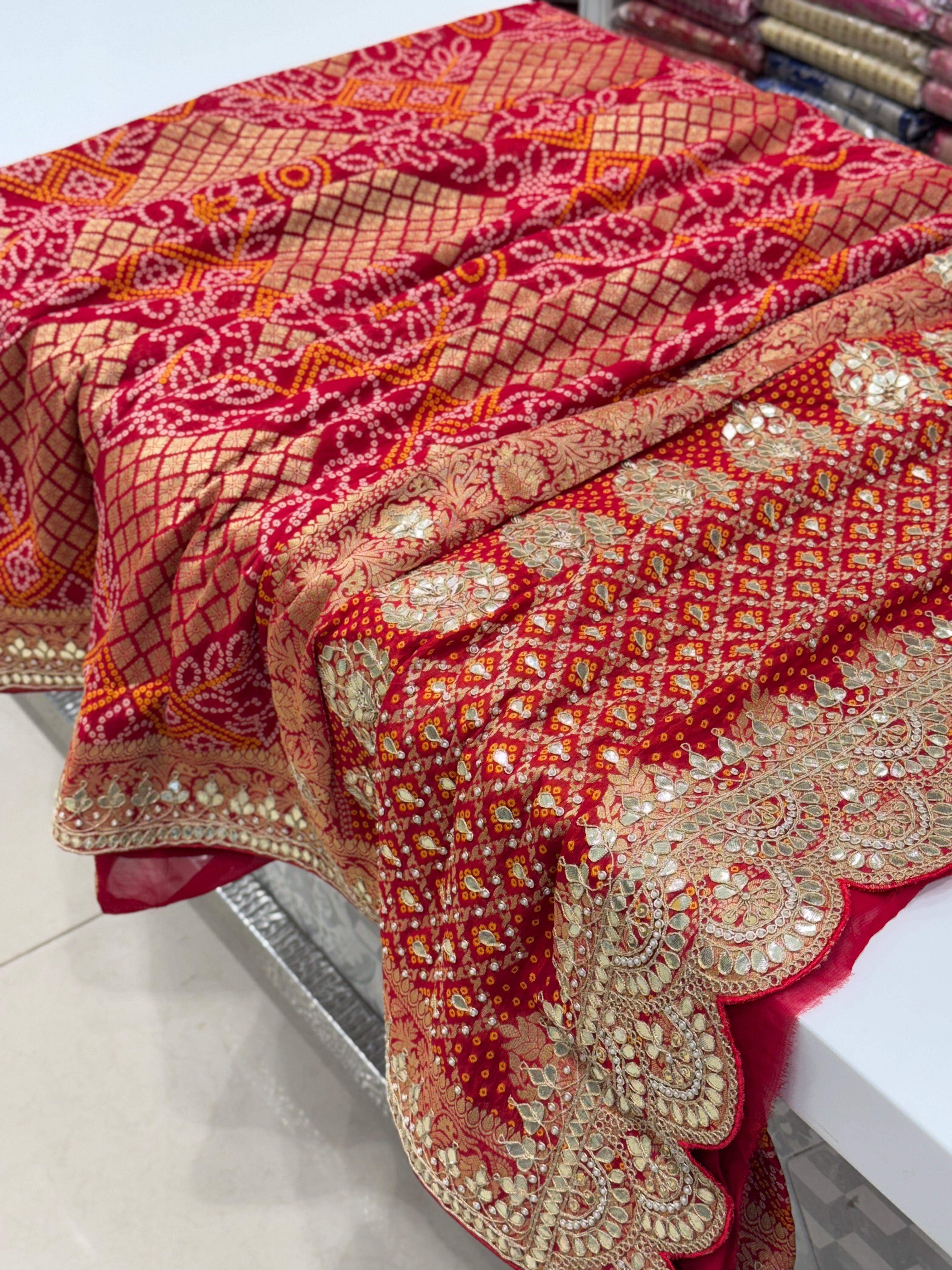 Red Woven Bandhej Gotapatti Saree