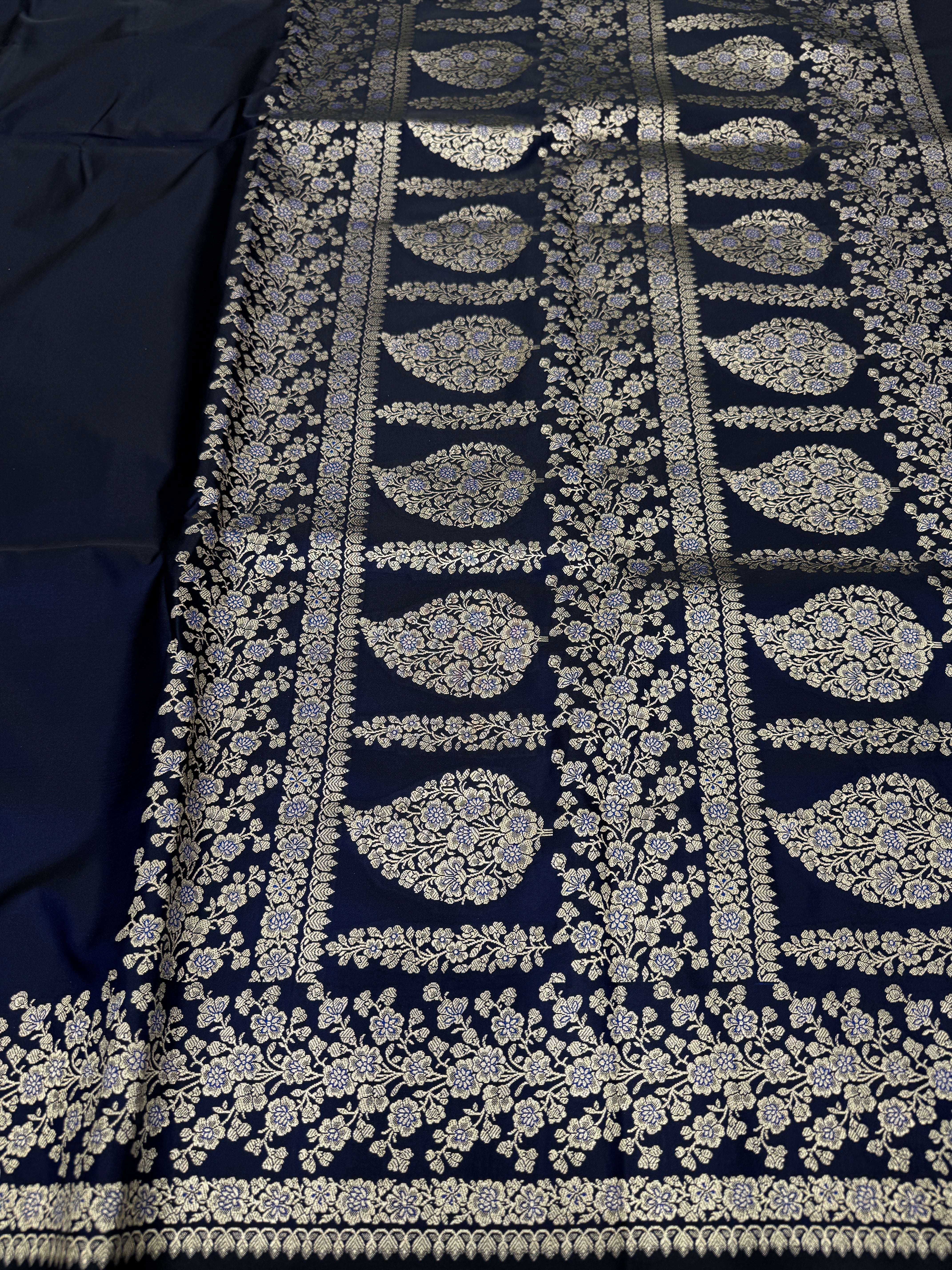 Blue Dhup Chav Banarasi Silk Plain Floral Border Saree