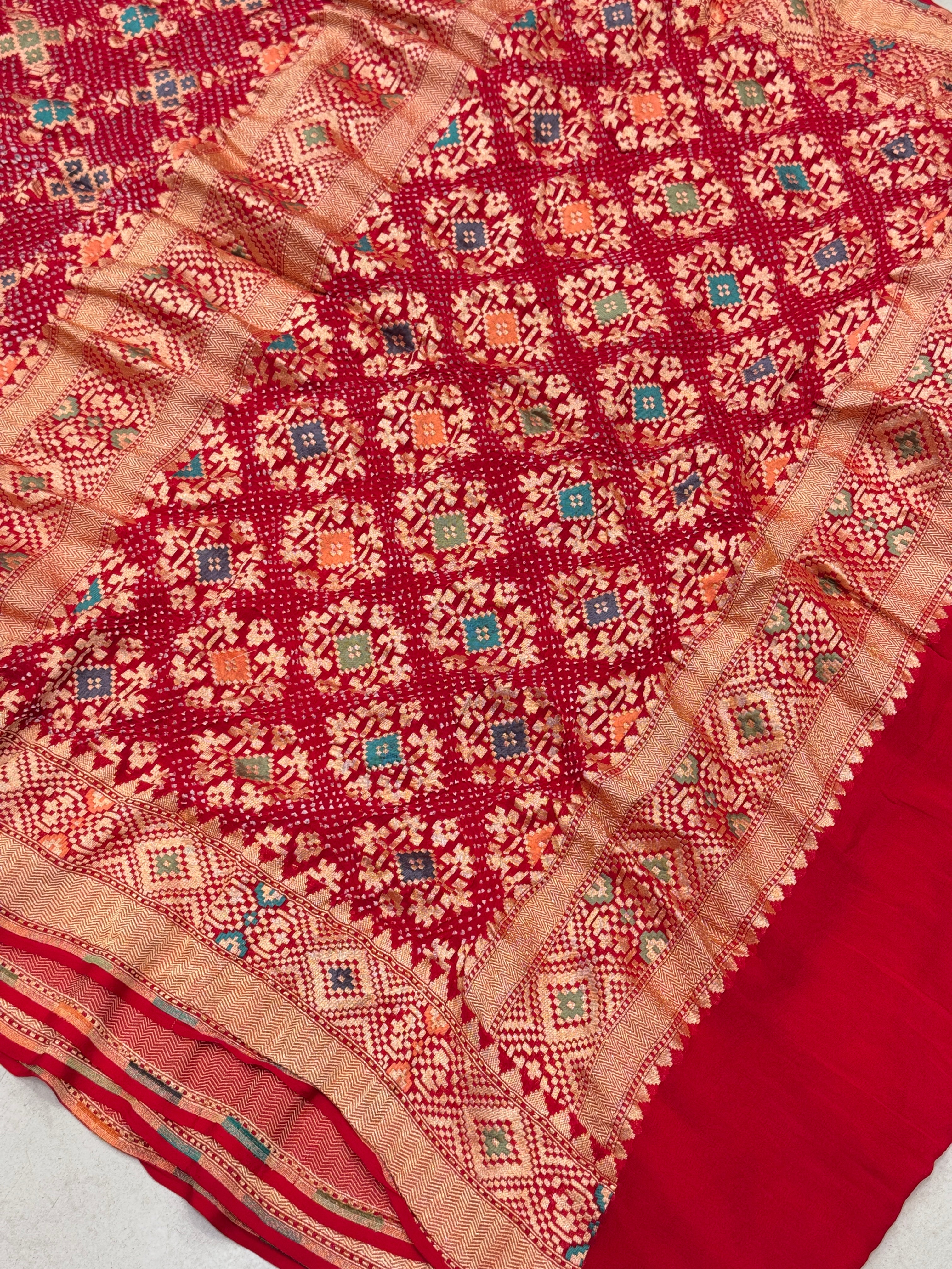 Red Handloom Meenakari Bandhej Bandhini Saree Patola Weave