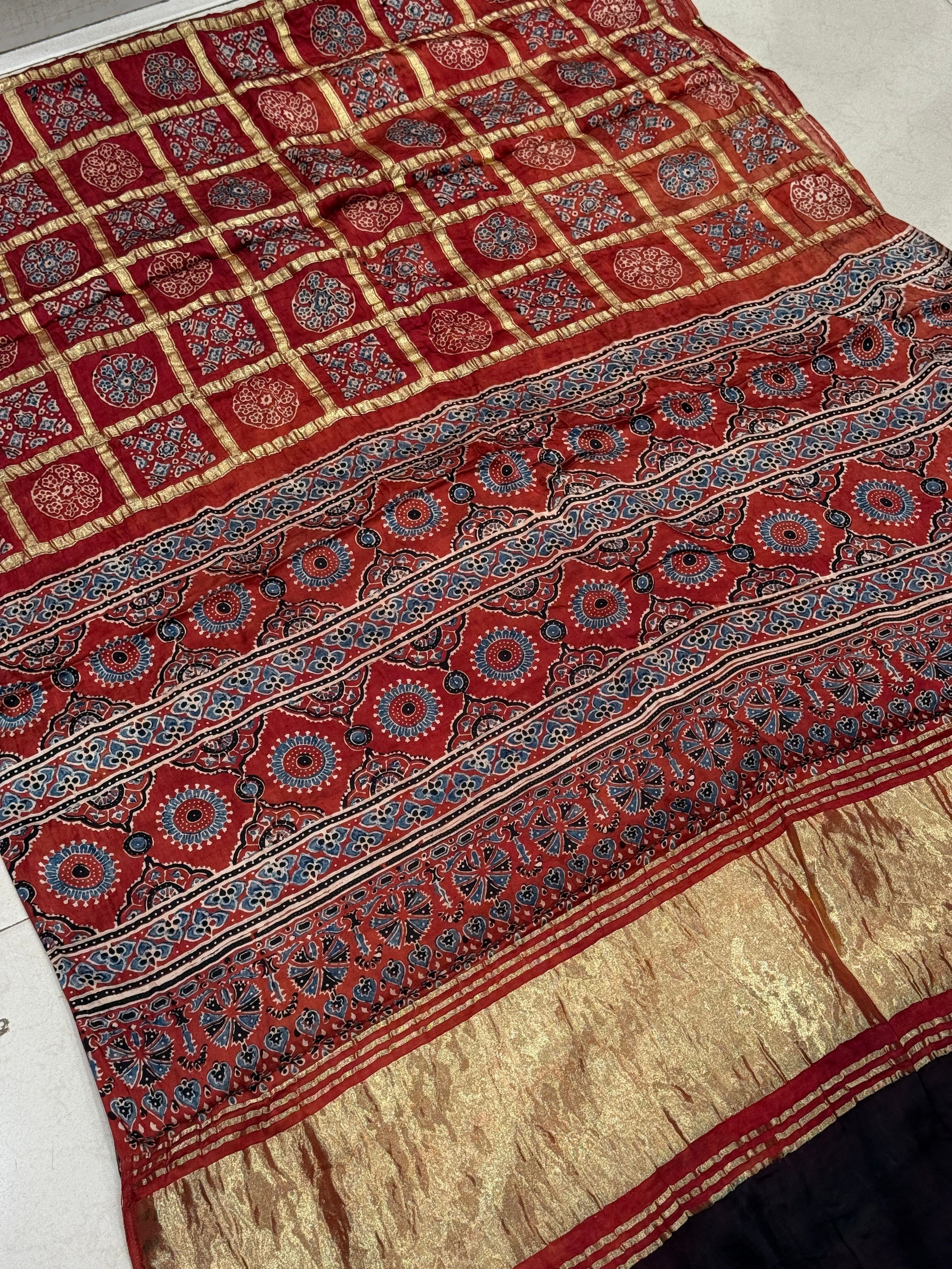 Rust Ajrakh Lagdi Pata Gharchola Style Saree