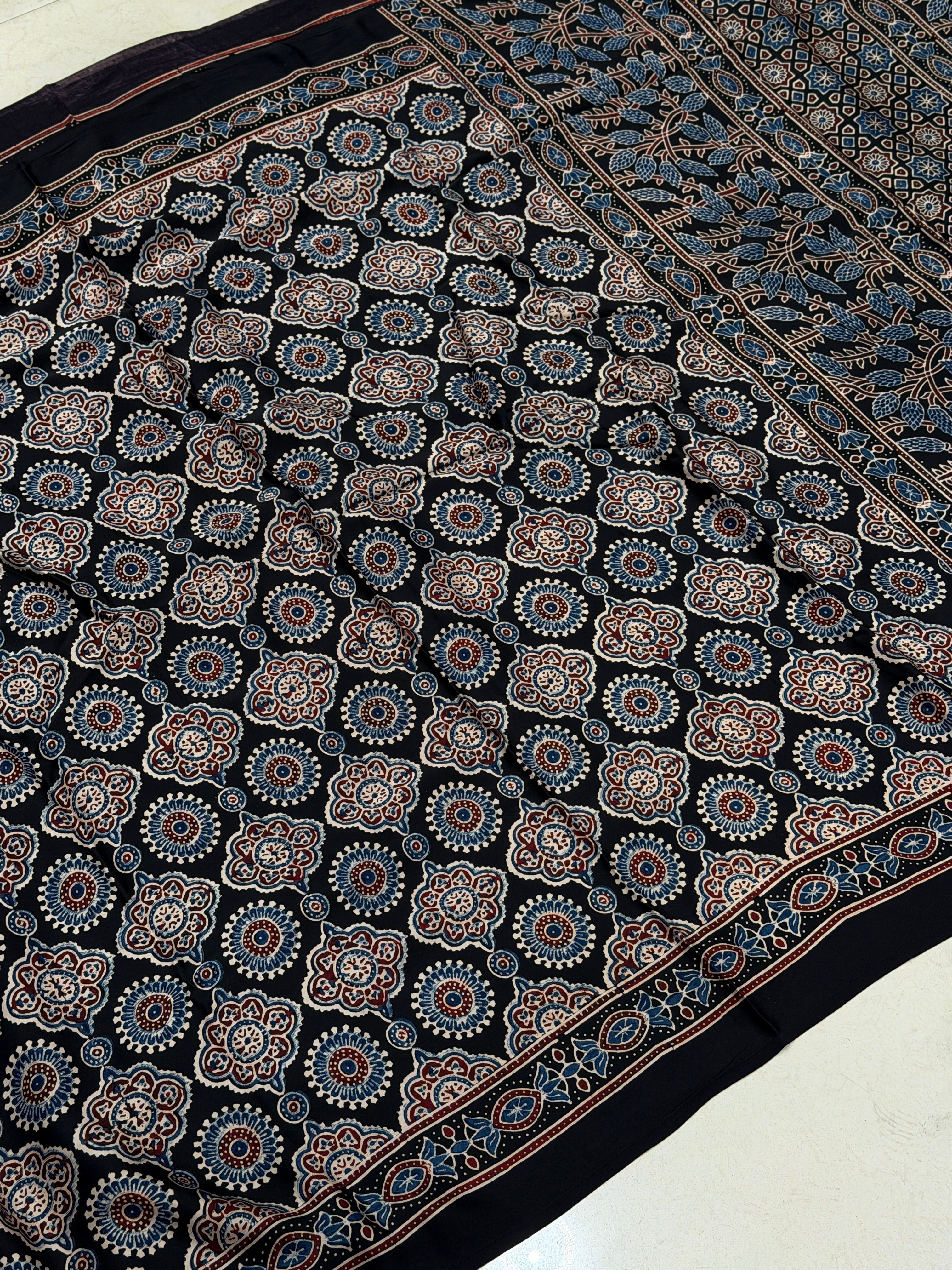 Black Geometric Circles Ajrakh Hand Block Print Pure Modal Silk Saree