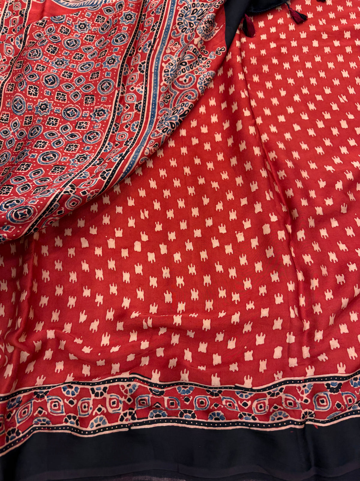 Red Badam Butta Jaal Ajrakh Hand Block Print Pure Gajji Silk Saree