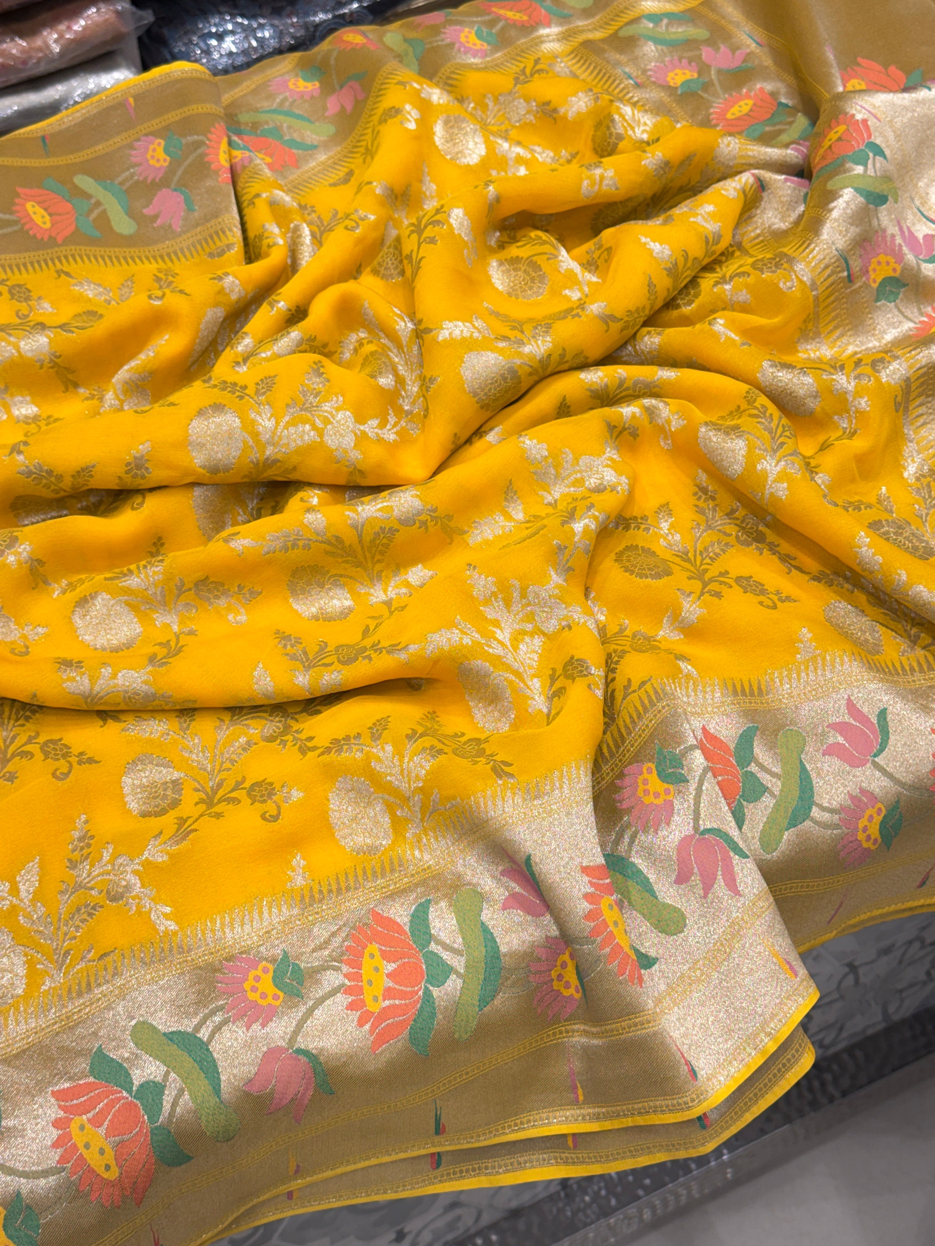 Yellow Georgette Paithani Saree
