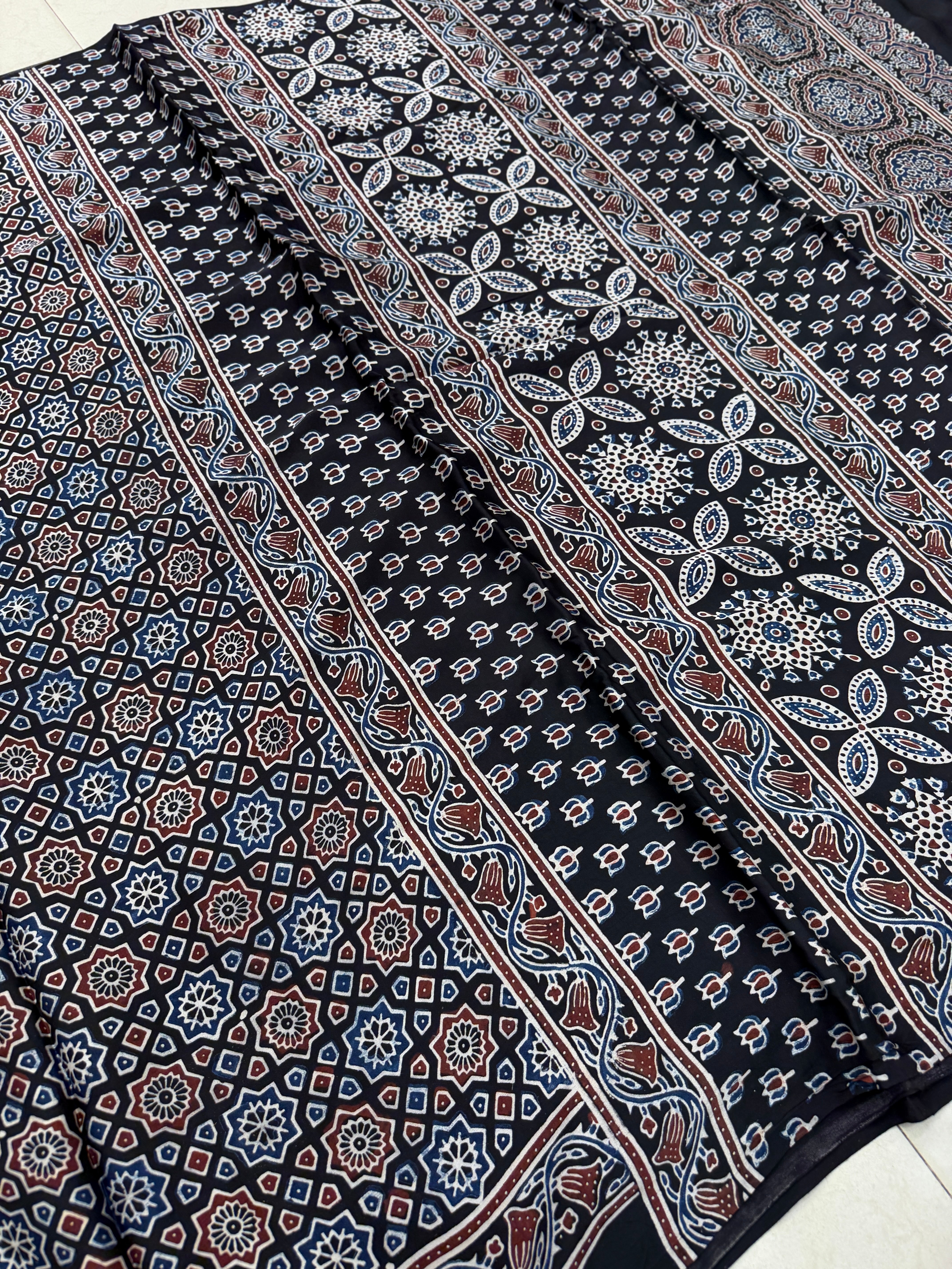 Black Jaal Ajrakh Hand Block Print Pure Gajji Silk Saree