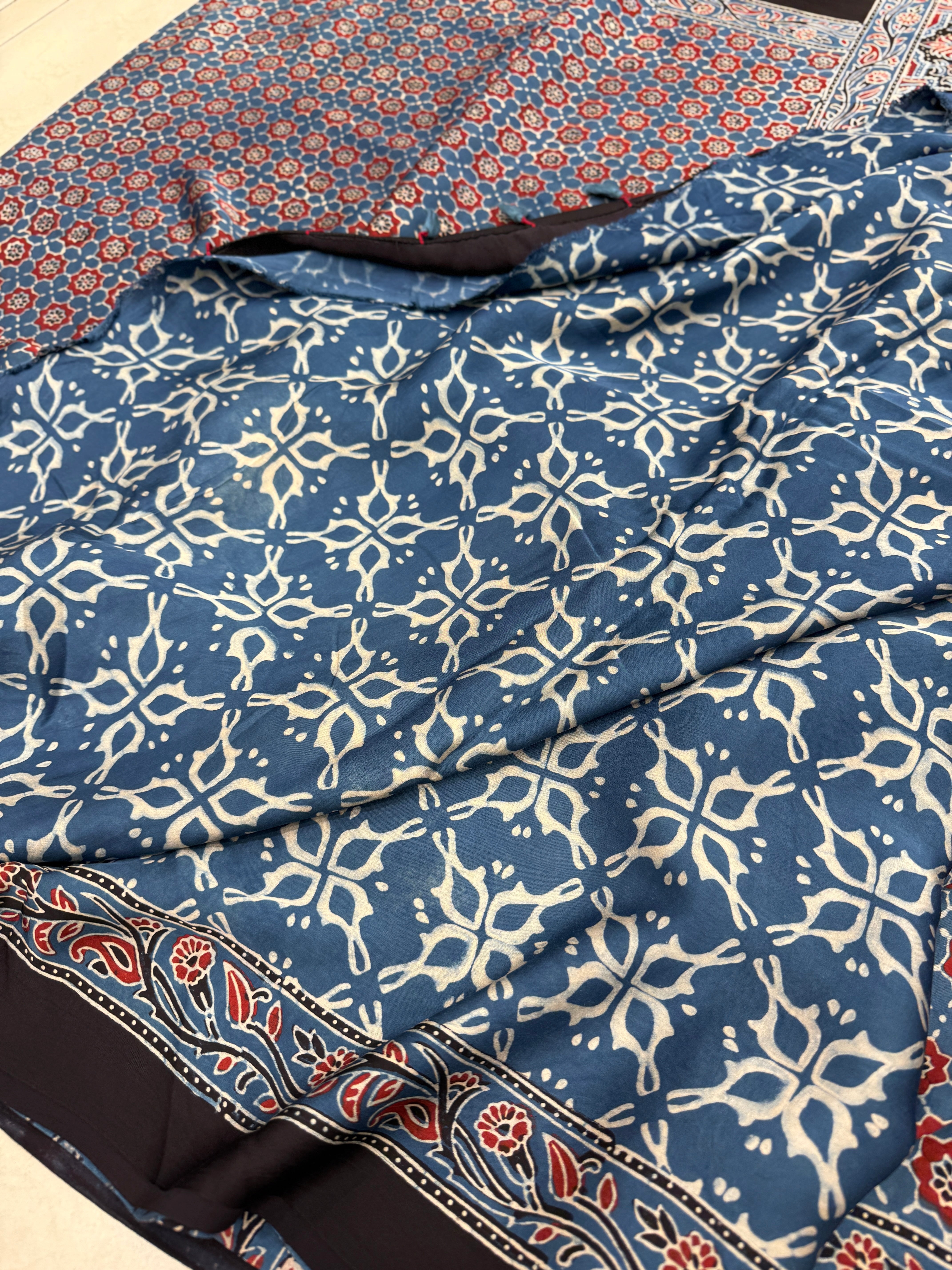 Blue Red Modal Gajji Silk Ajrakh Saree