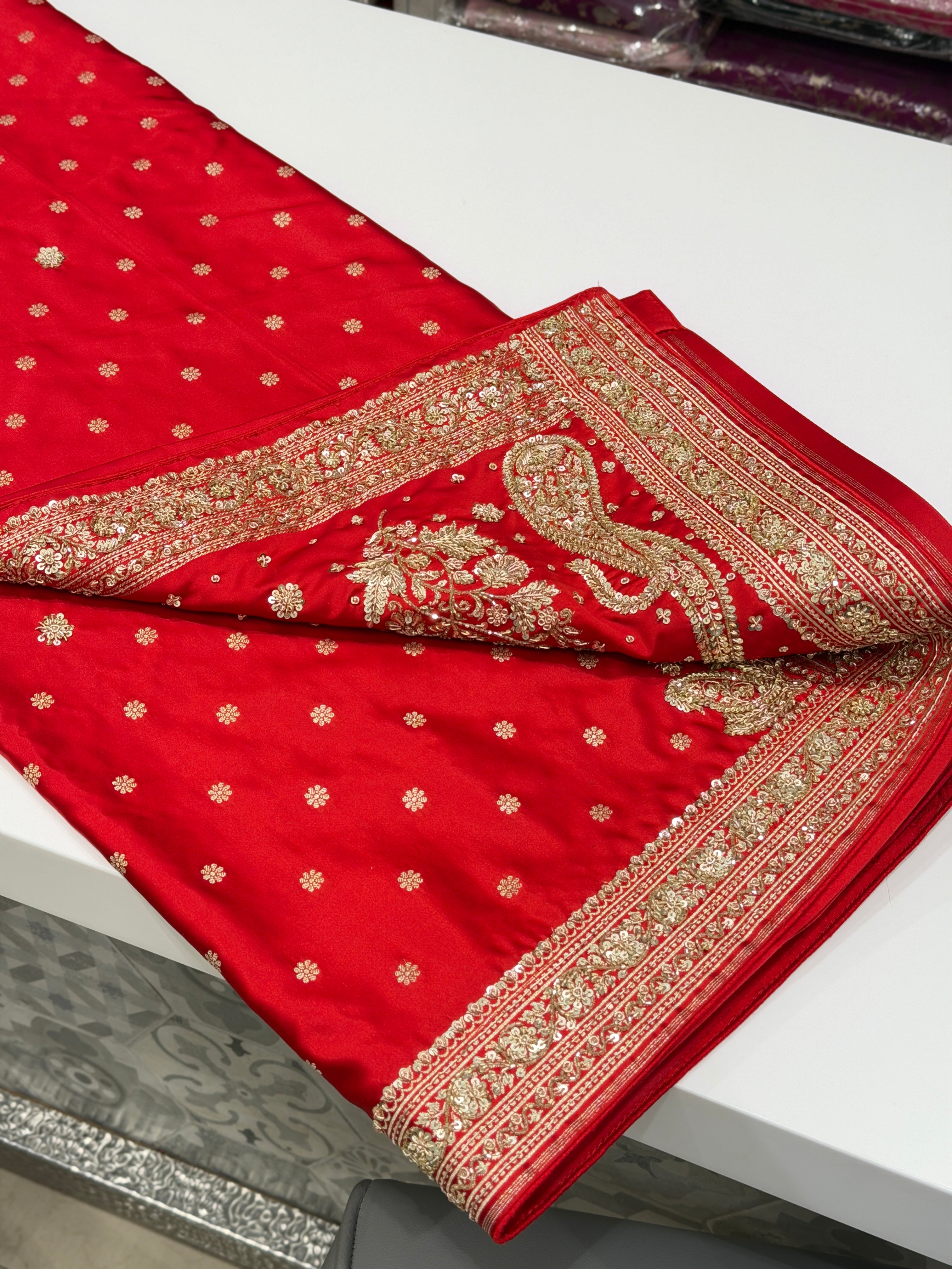 Red Banarasi Star Butti Hand Done Zardozi Saree