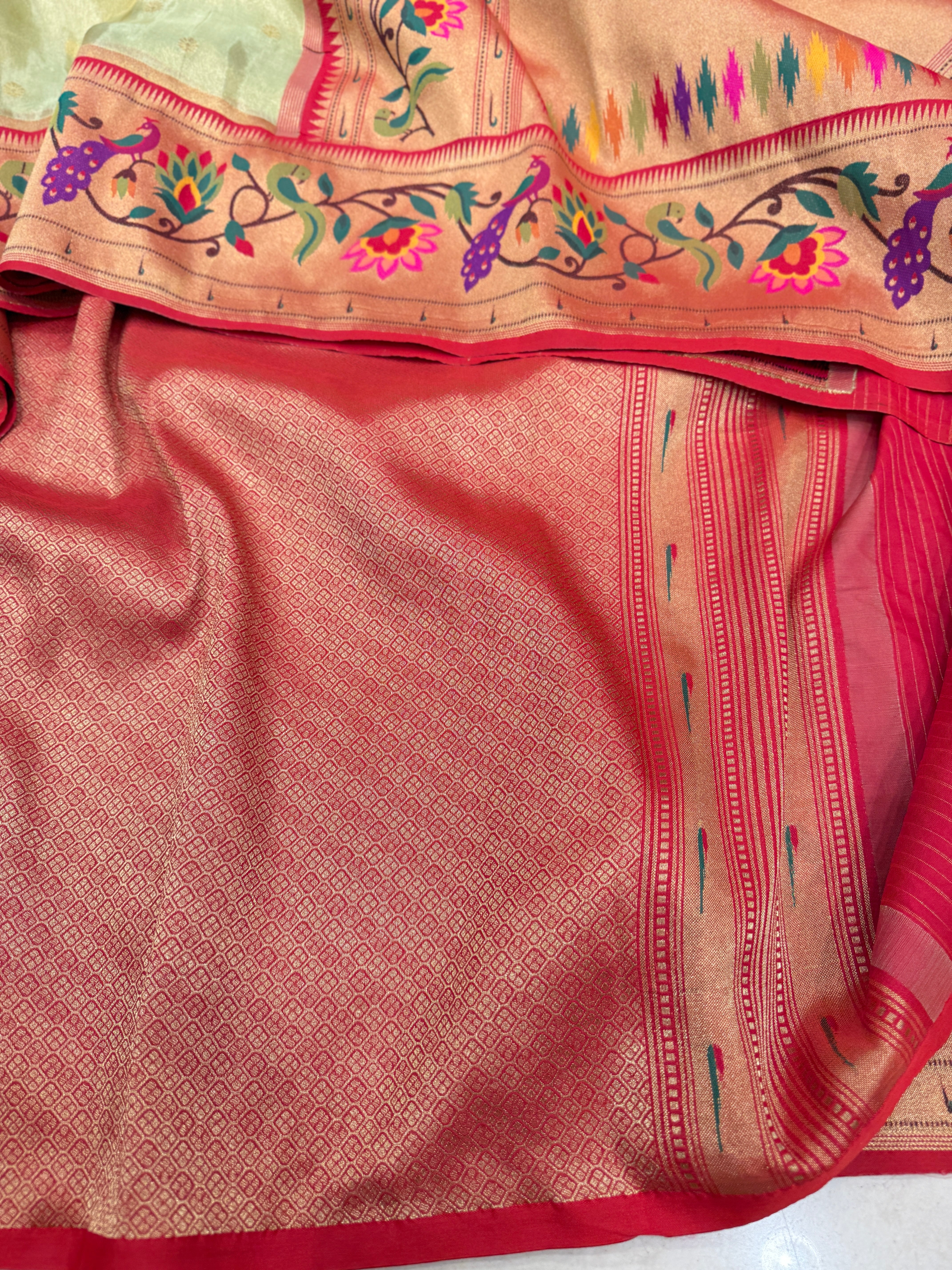 Pista Green Tissue Paithani Peacock Border Saree