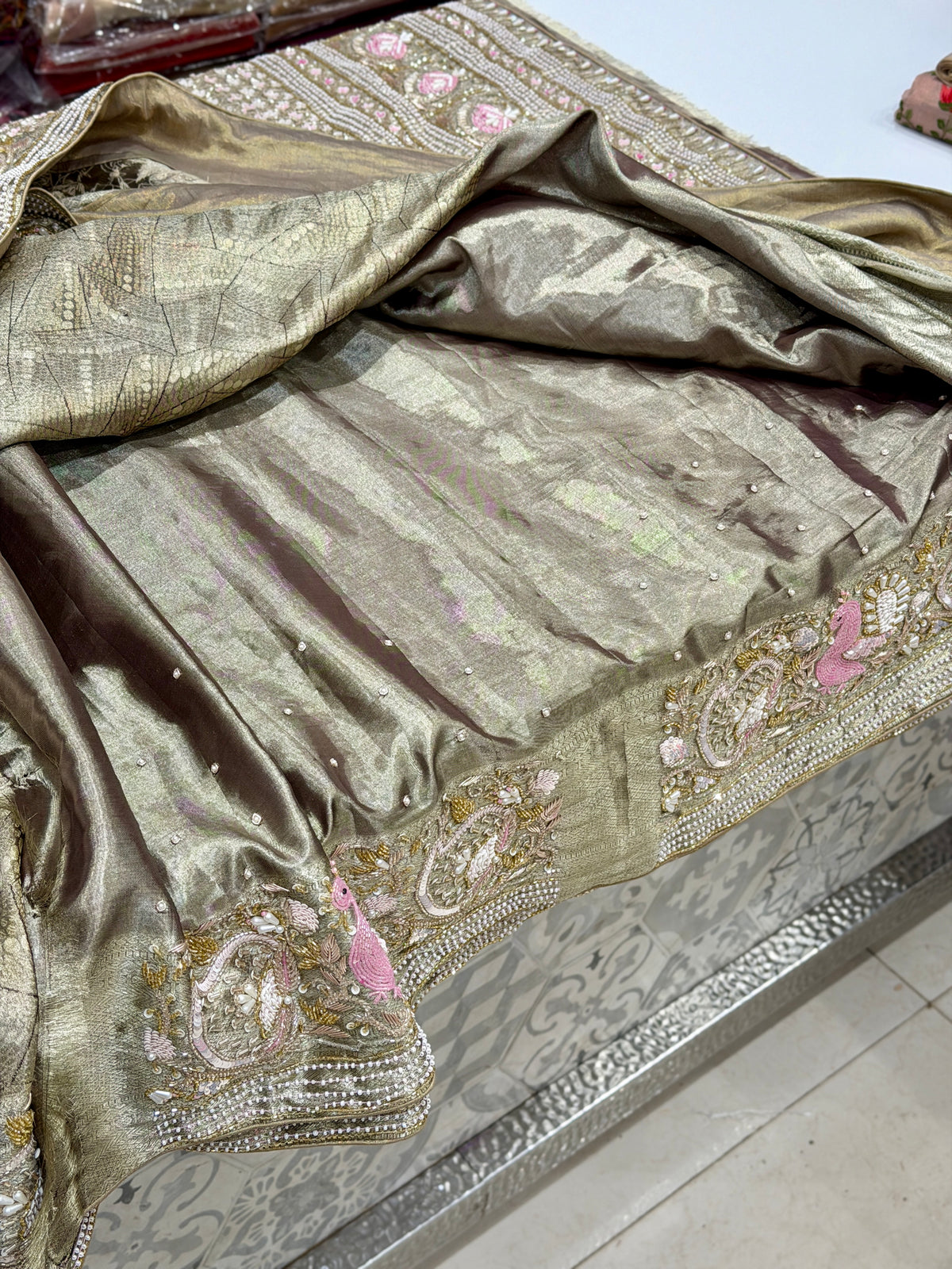 Green Silver Kanjivaram Three Zari Hand Embroidery Zardosi Moti Sequin Saree