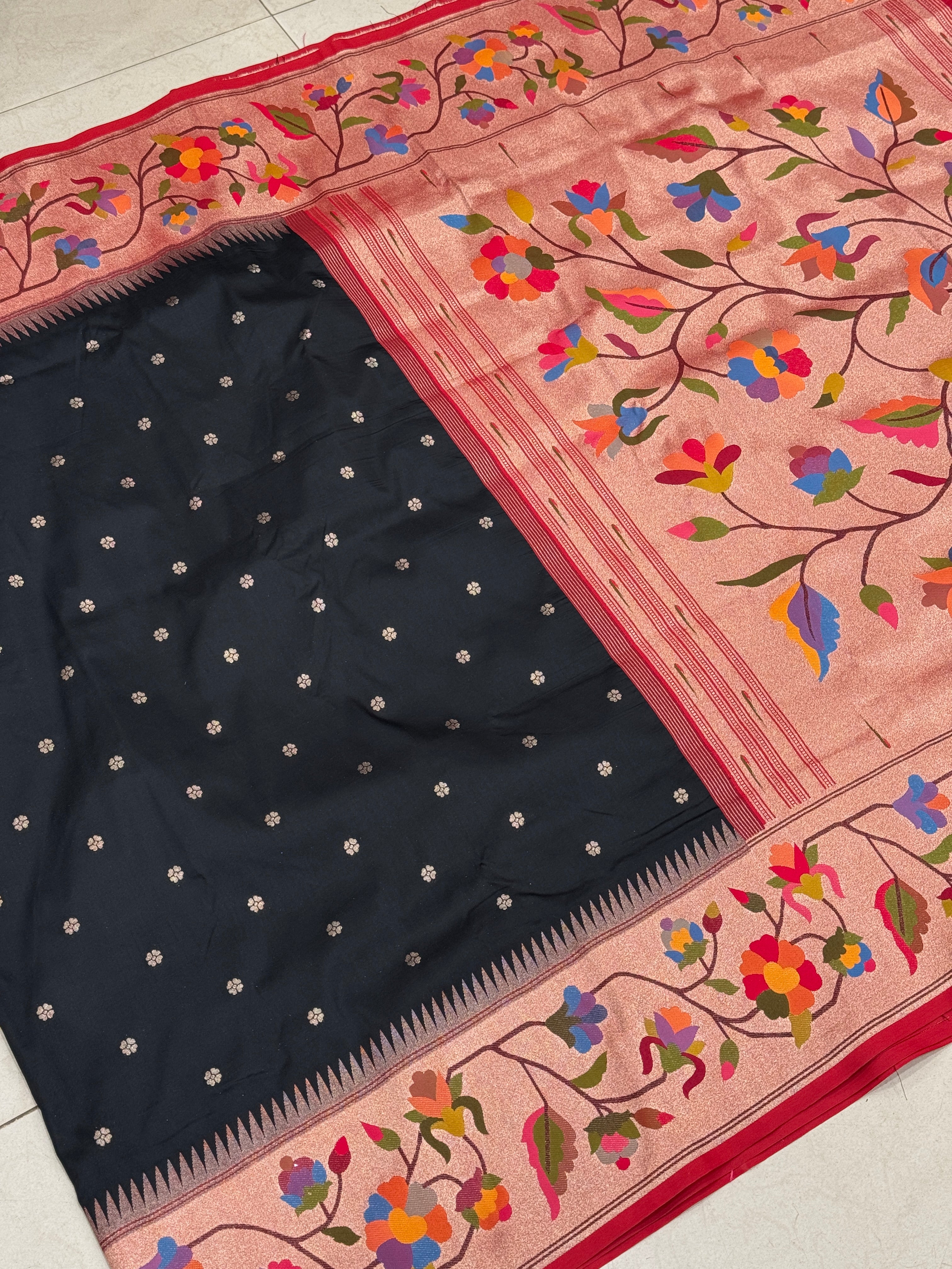 Black Lotus Border Paithani Silk Saree