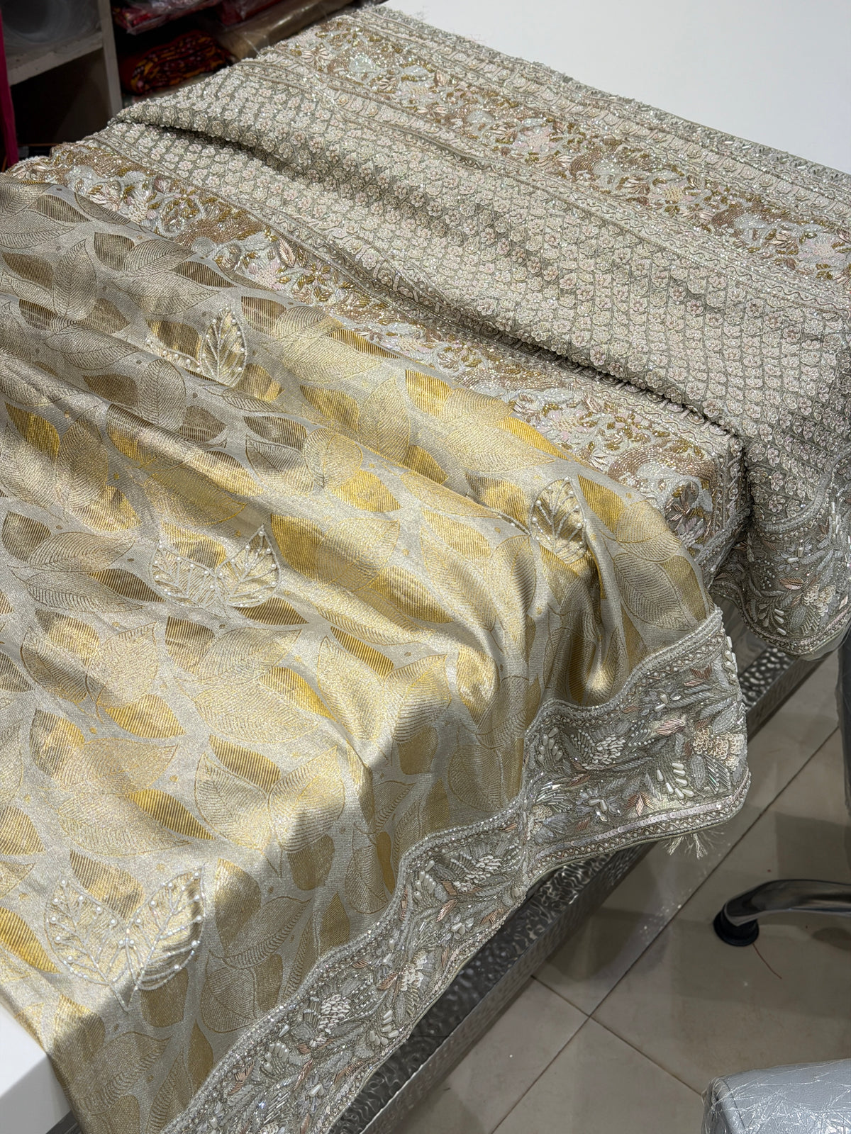 Golden Silver Leaf Jaal Kanjivaram Moti Zardosi Hand Embroidery Saree
