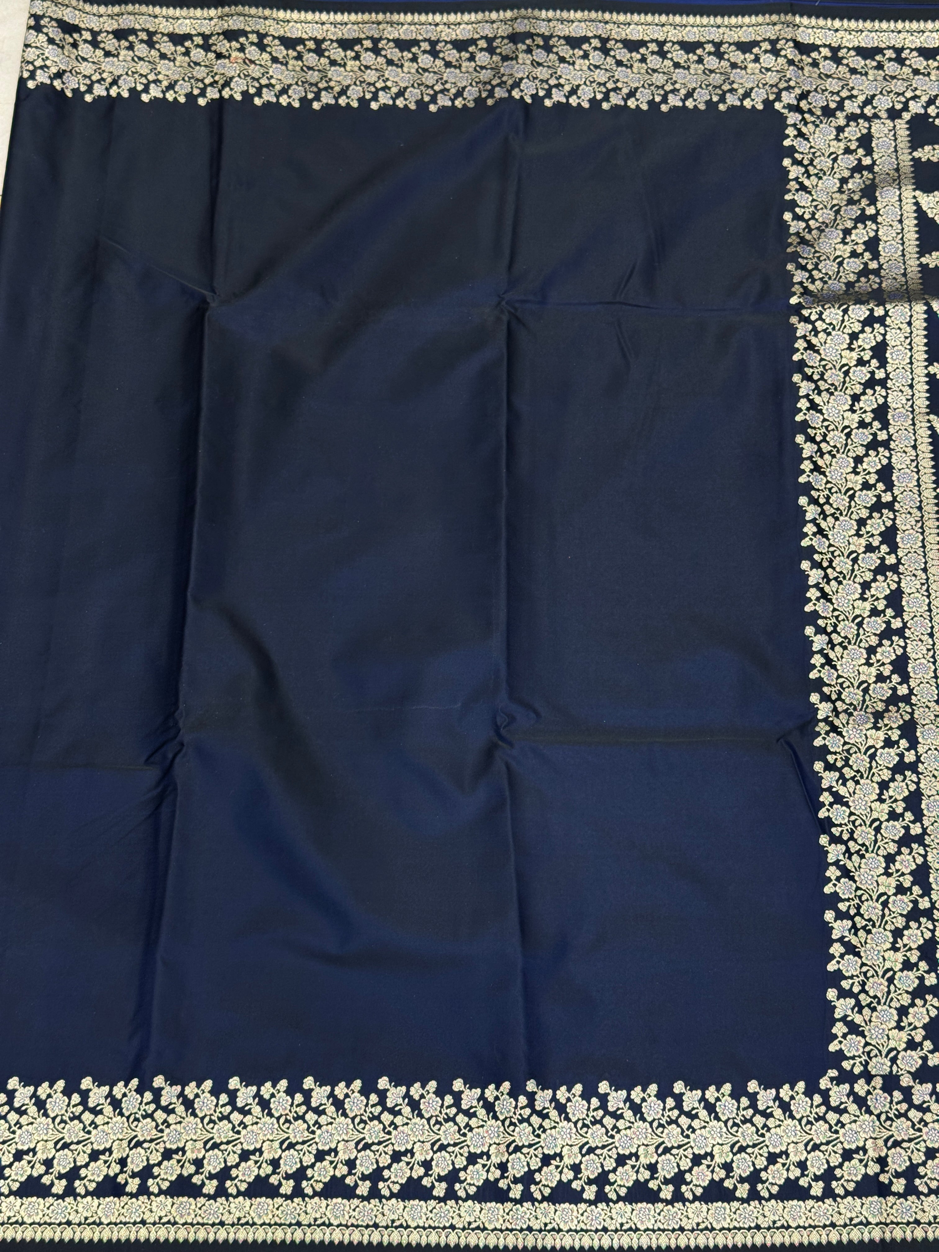 Blue Dhup Chav Banarasi Silk Plain Floral Border Saree