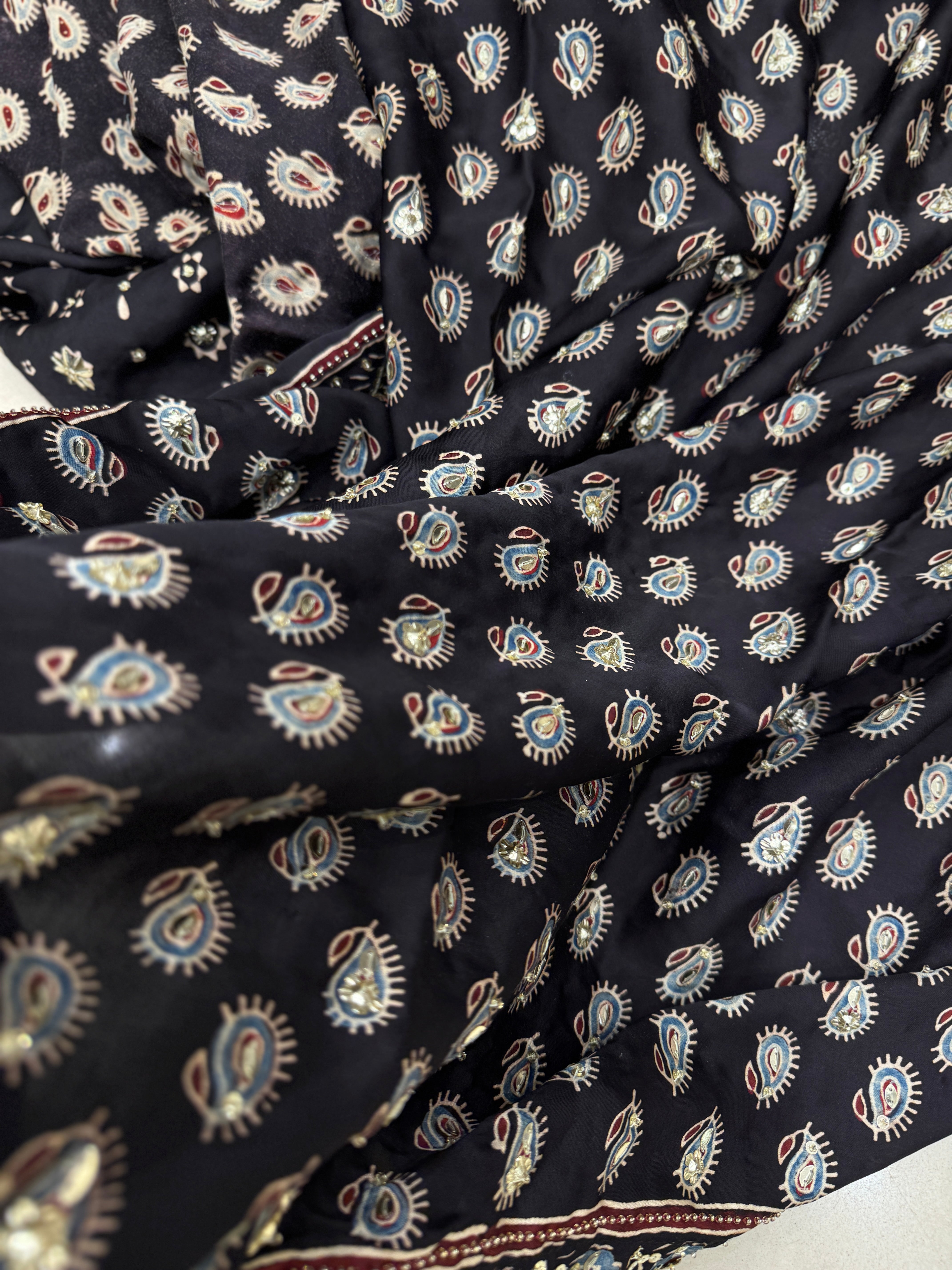 Black Buttis Ajrakh Hand Embroidery Sequin Saree