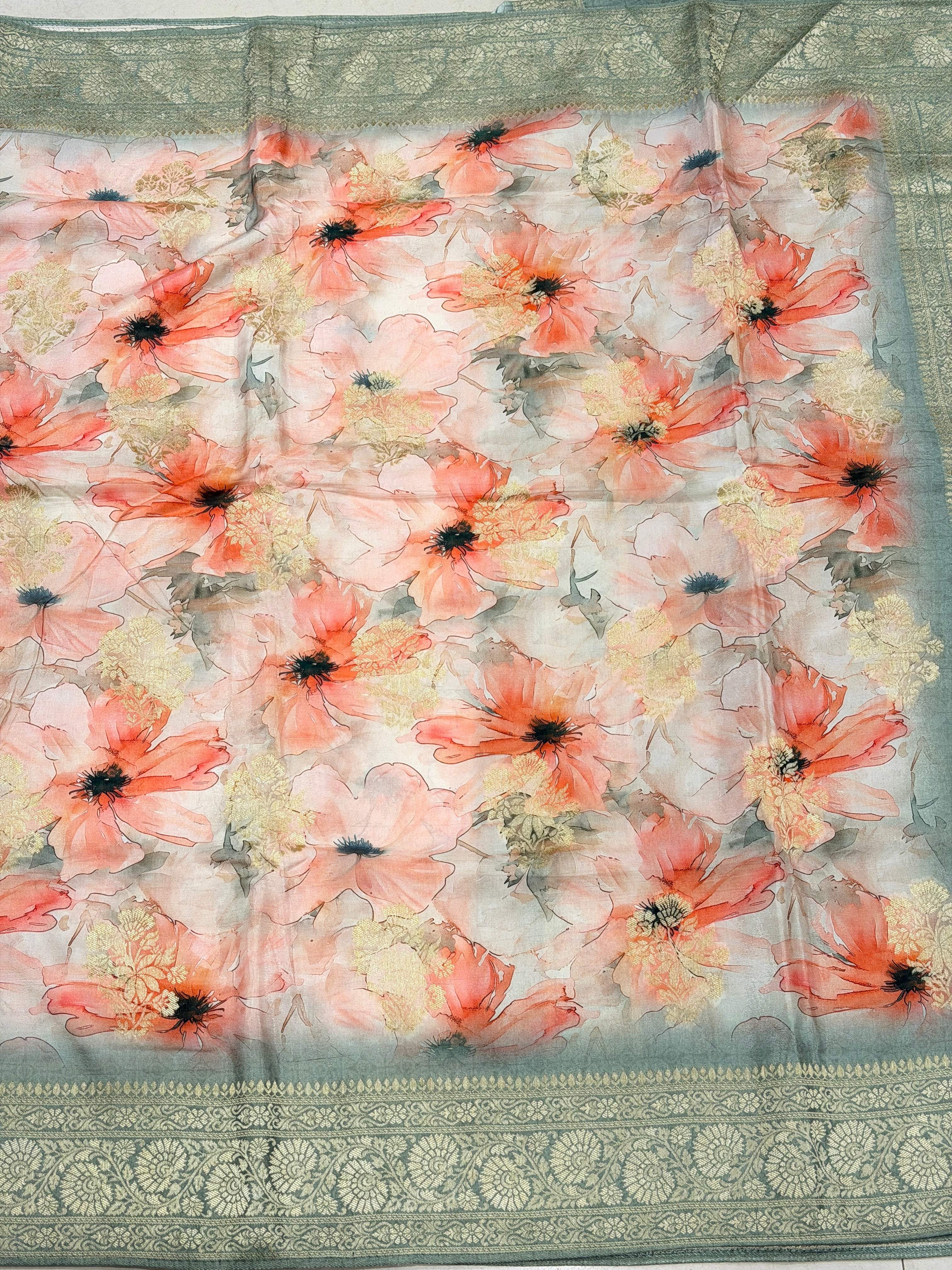 Soft Grey Floral Multi Colour Print Munga Soft Silk Saree