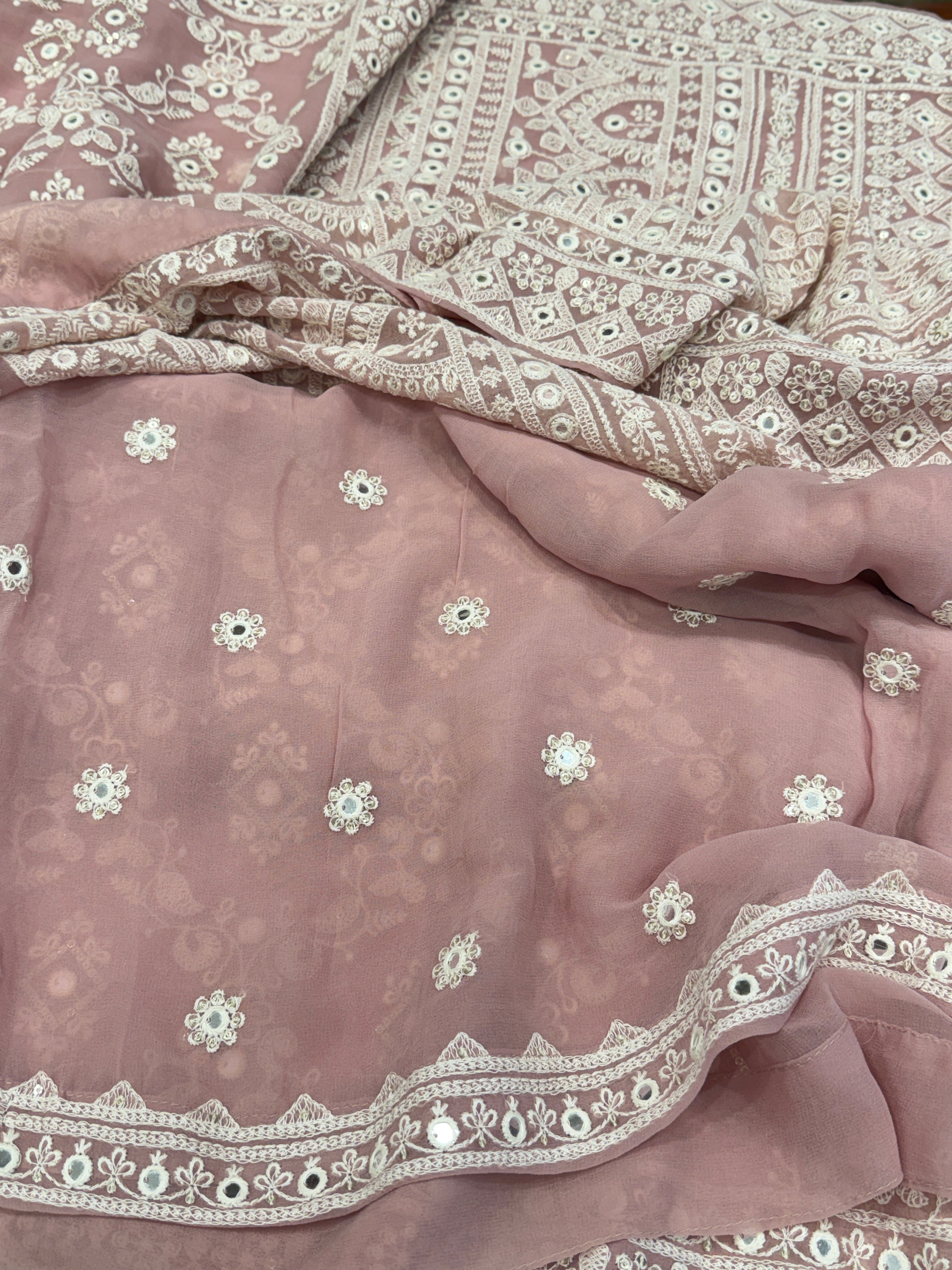 Blush Pink Georgette Chikankari Gota Mirror Resham Saree