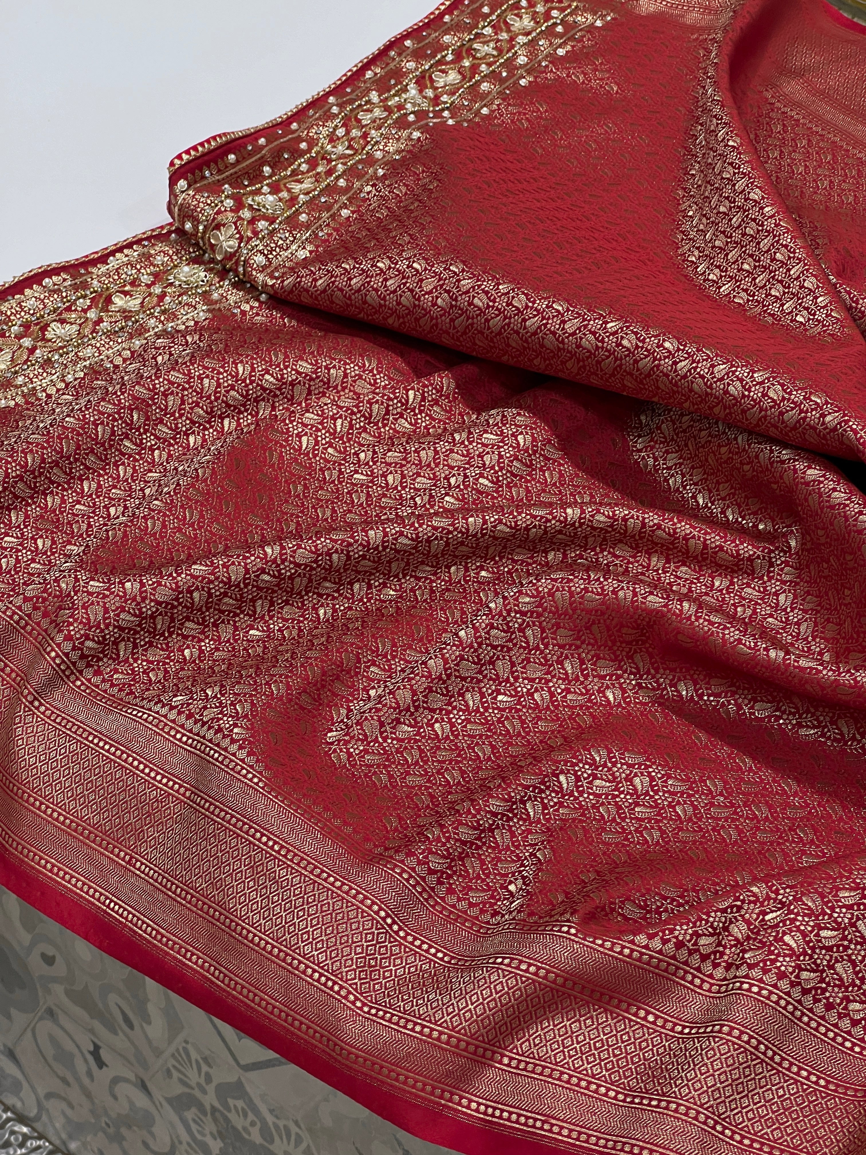 Maroon Banarasi Silk Weave Jaal Hand Embroidery Saree