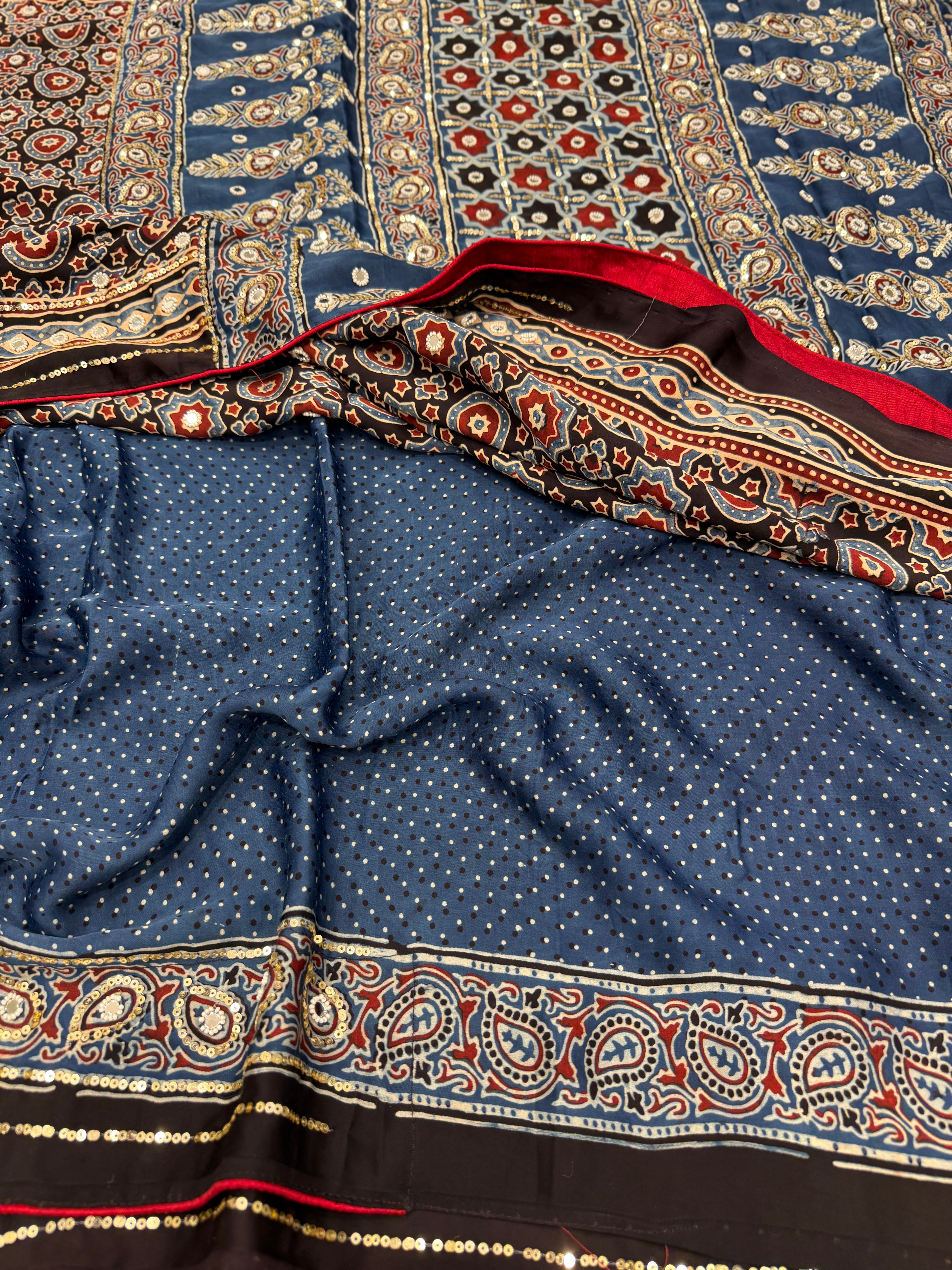 Blue Black Ajrakh Jaal Real Mirror Moti Sequin Hand Embroidery Saree